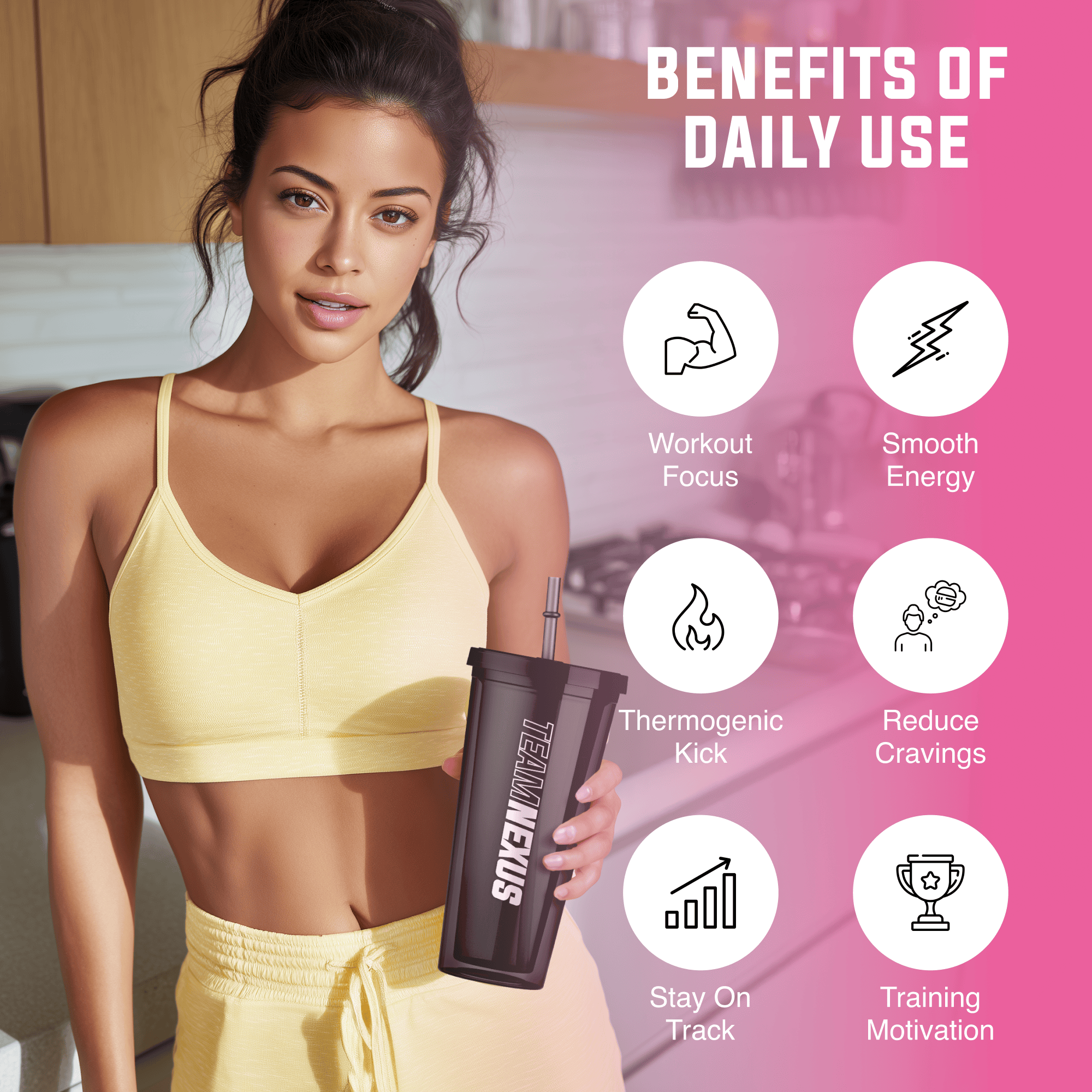 Nexus Nutrition EasyBurn NEXUS supplement in pink lemonade flavor, showing the product container with pink and yellow label.