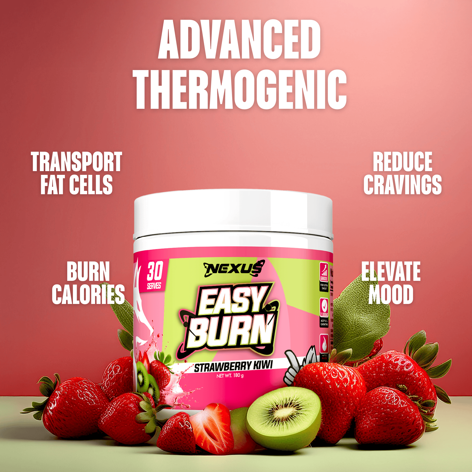 Nexus Nutrition EasyBurn NEXUS supplement with strawberry kiwi flavor in a colorful bottle.