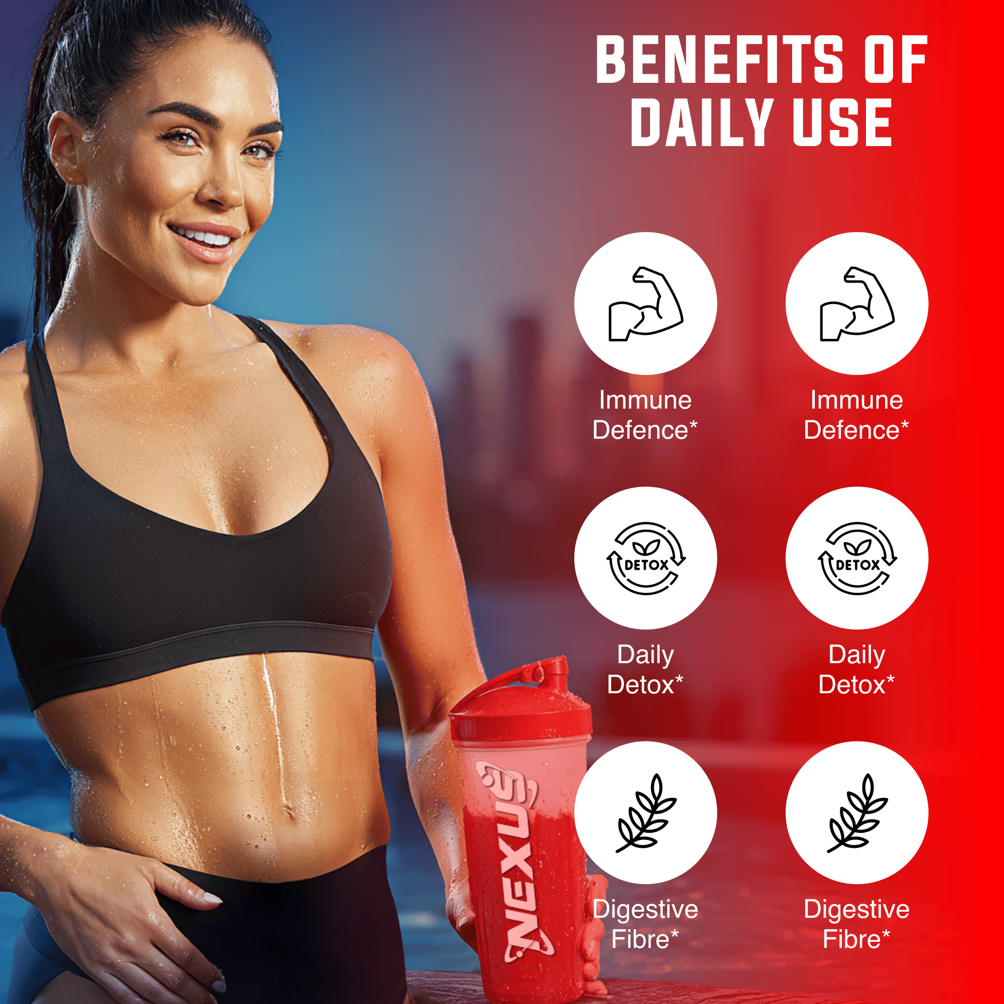 Nexus Nutrition EasyBurn NEXUS supplement with strawberry and kiwi flavor, featuring a colorful container and scoop of powder.