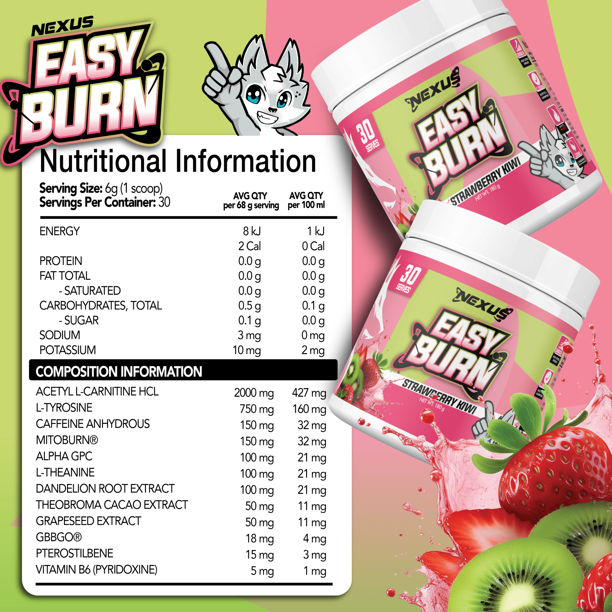 Nexus Nutrition EasyBurn NEXUS supplement container with Strawberry Kiwi flavor and colorful label design.