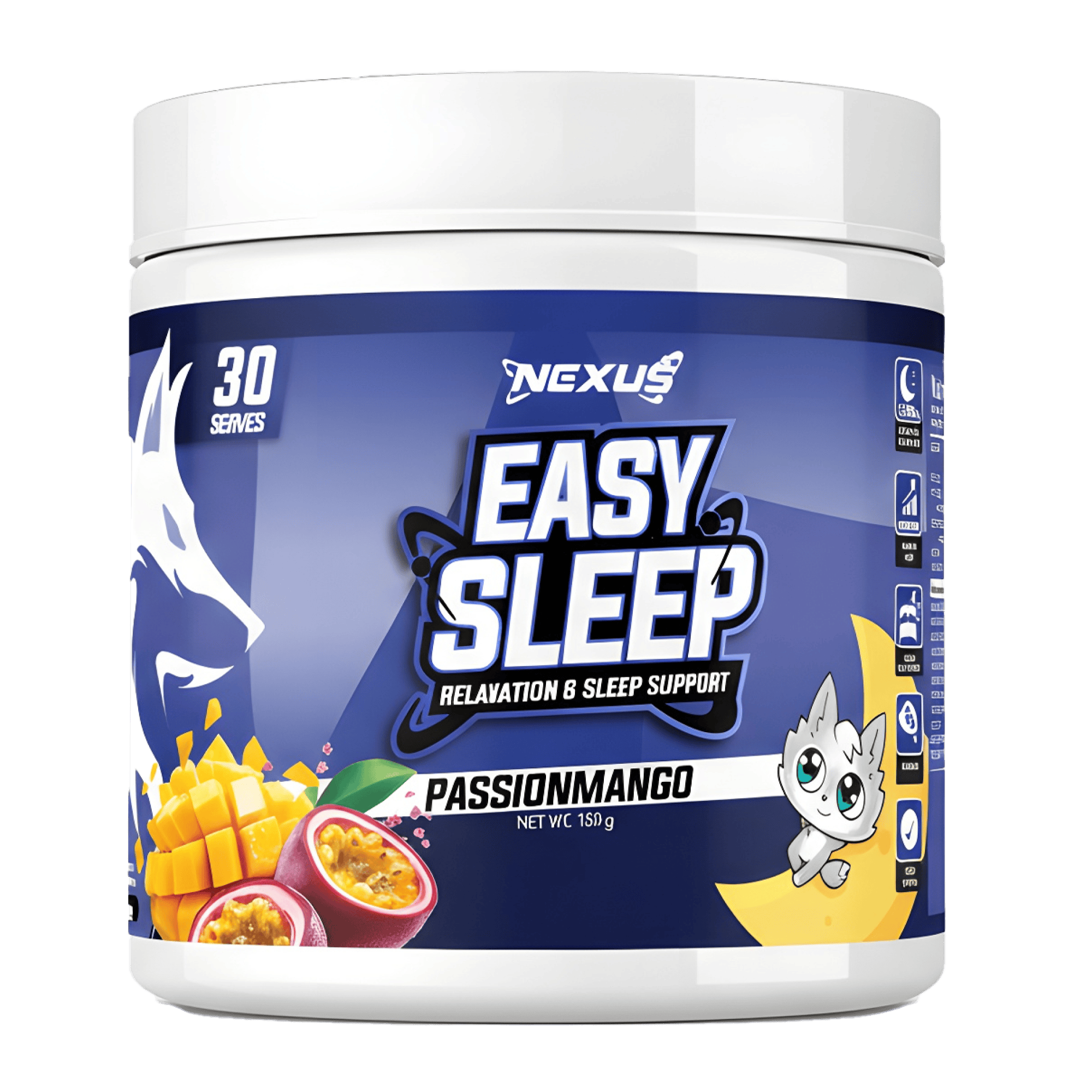 Nexus Sports Nutrition Easy Sleep essentials supplement bottle with white label and blue cap, featuring product branding and design.