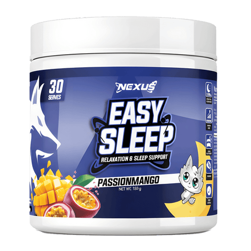 Nexus Sports Nutrition Easy Sleep essentials supplement bottle with white label and blue cap, featuring product branding and design.