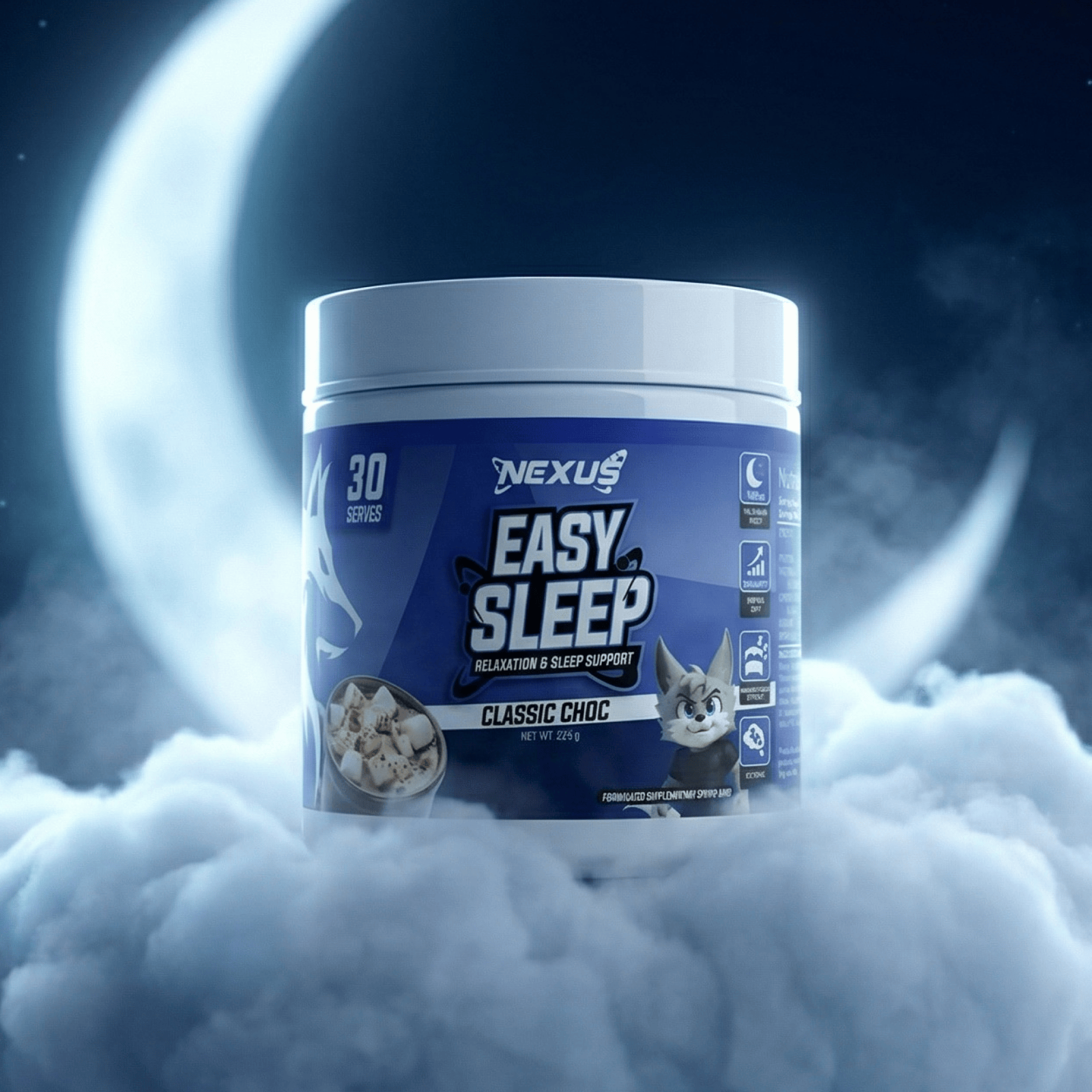 Nexus Sports Nutrition Easy Sleep Essentials supplement bottle with white cap and label, featuring product branding and sleep aid information.