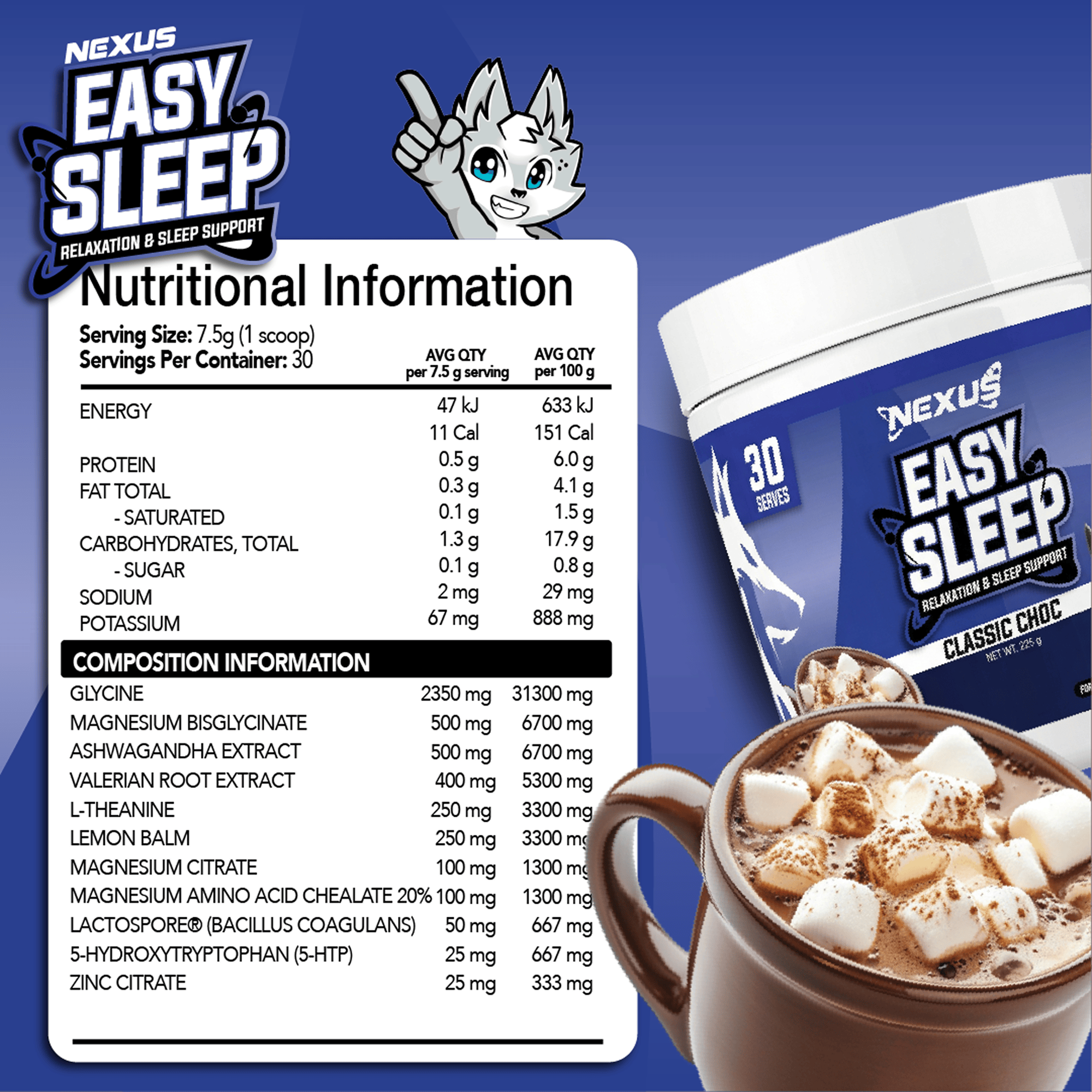 Nexus Sports Nutrition Easy Sleep essentials supplement bottle with label, featuring capsules and sleep aid ingredients.