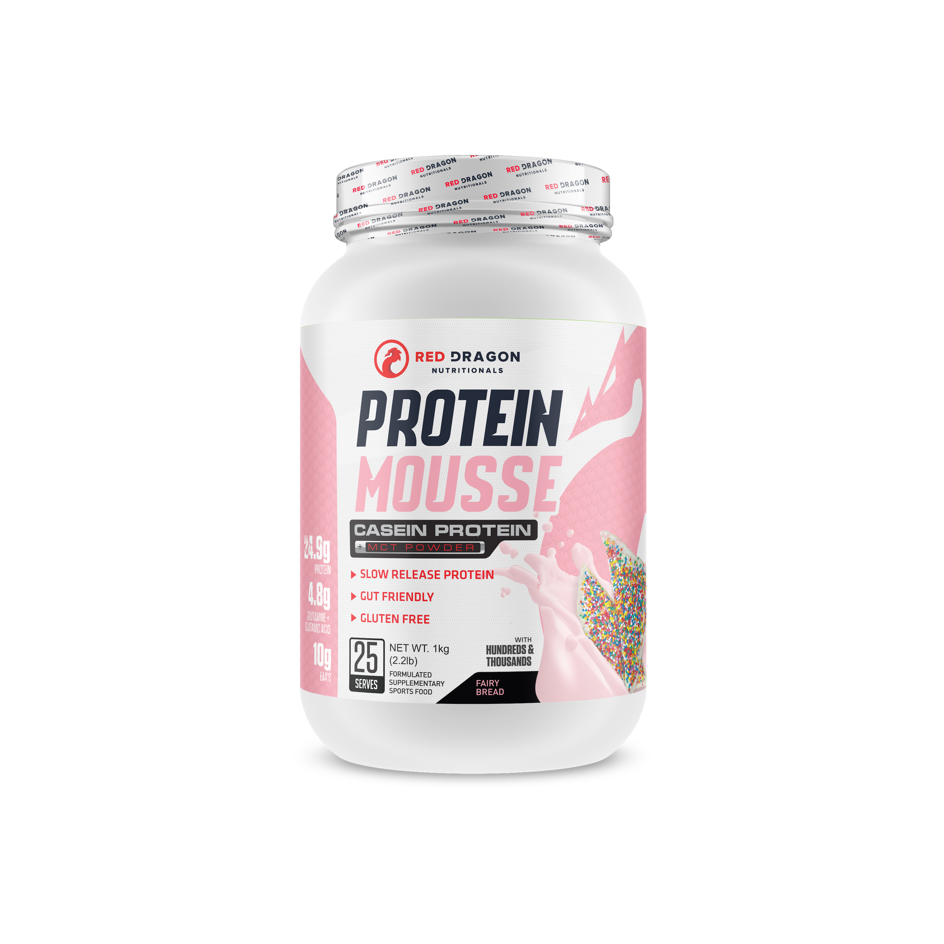 Red Dragon Nutritionals RDN Protein Mousse with fairy bread flavor, creamy texture, and vibrant packaging.