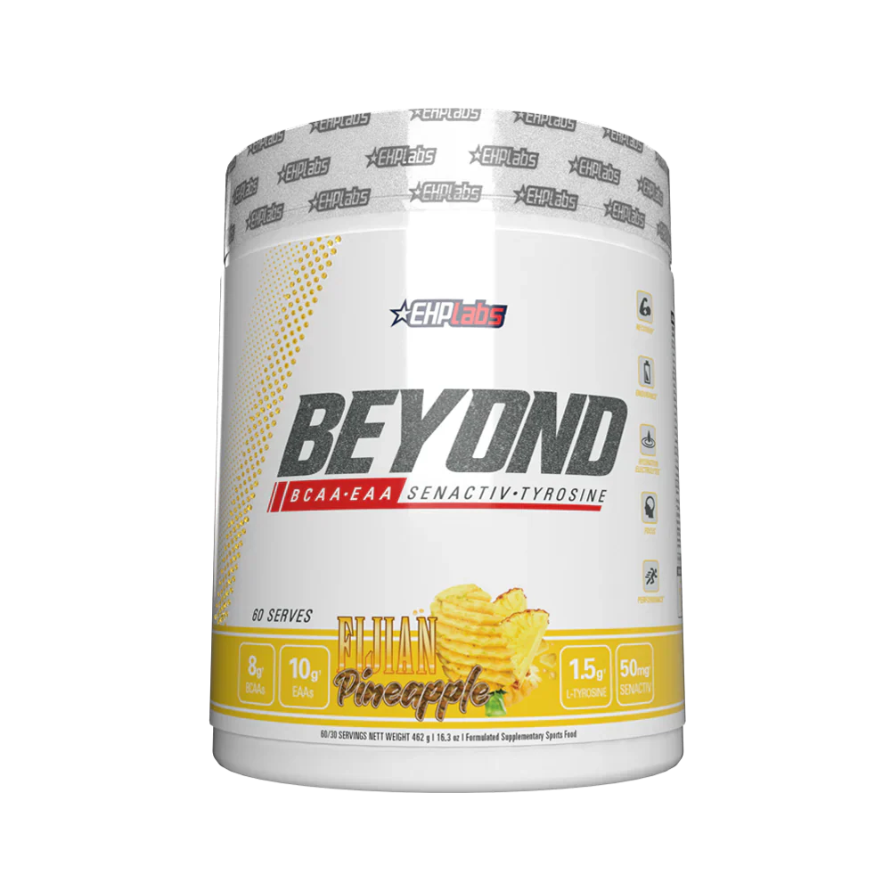 EHP LABS Beyond BCAA + EAA powder in Fijian Pineapple flavor, showing the colorful container and scoop with pineapple flavor imagery.