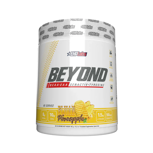 EHP LABS Beyond BCAA + EAA powder in Fijian Pineapple flavor, showing the colorful container and scoop with pineapple flavor imagery.