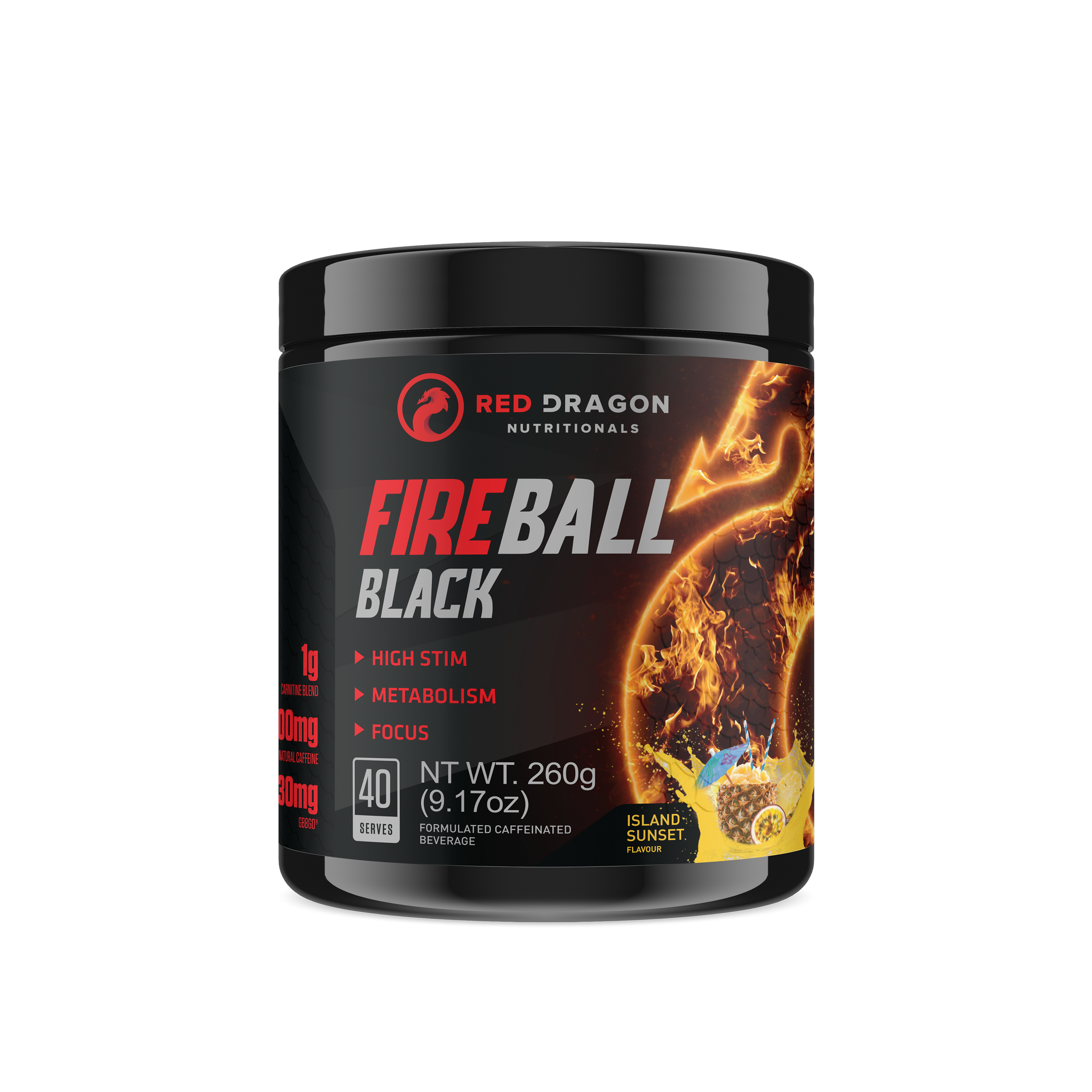 Red Dragon Nutritionals Fireball Black thermogenic supplement in black packaging with Island Sunset flavor.