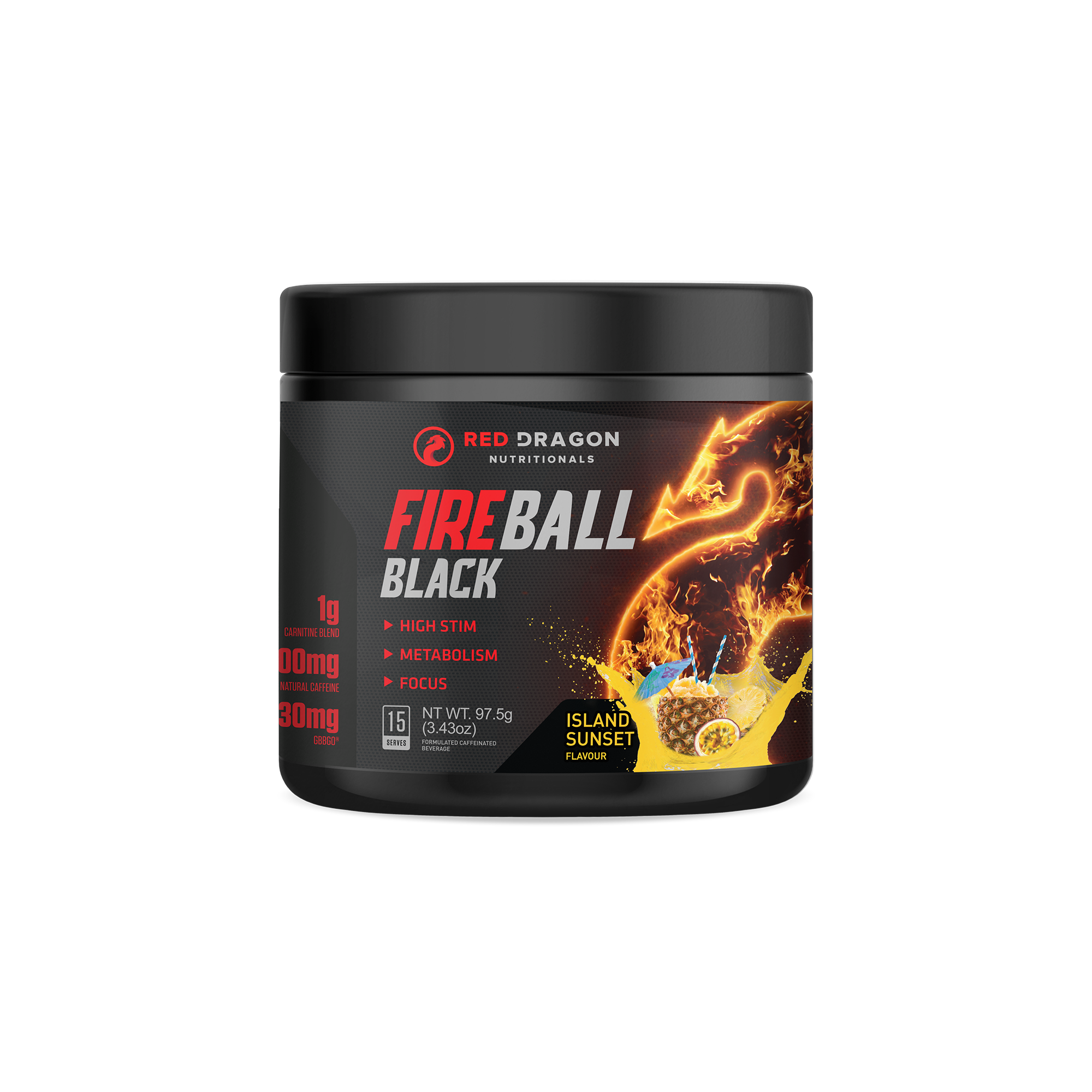 Red Dragon Nutritionals Fireball Black thermogenic supplement container with black and orange design, 15-serving size.