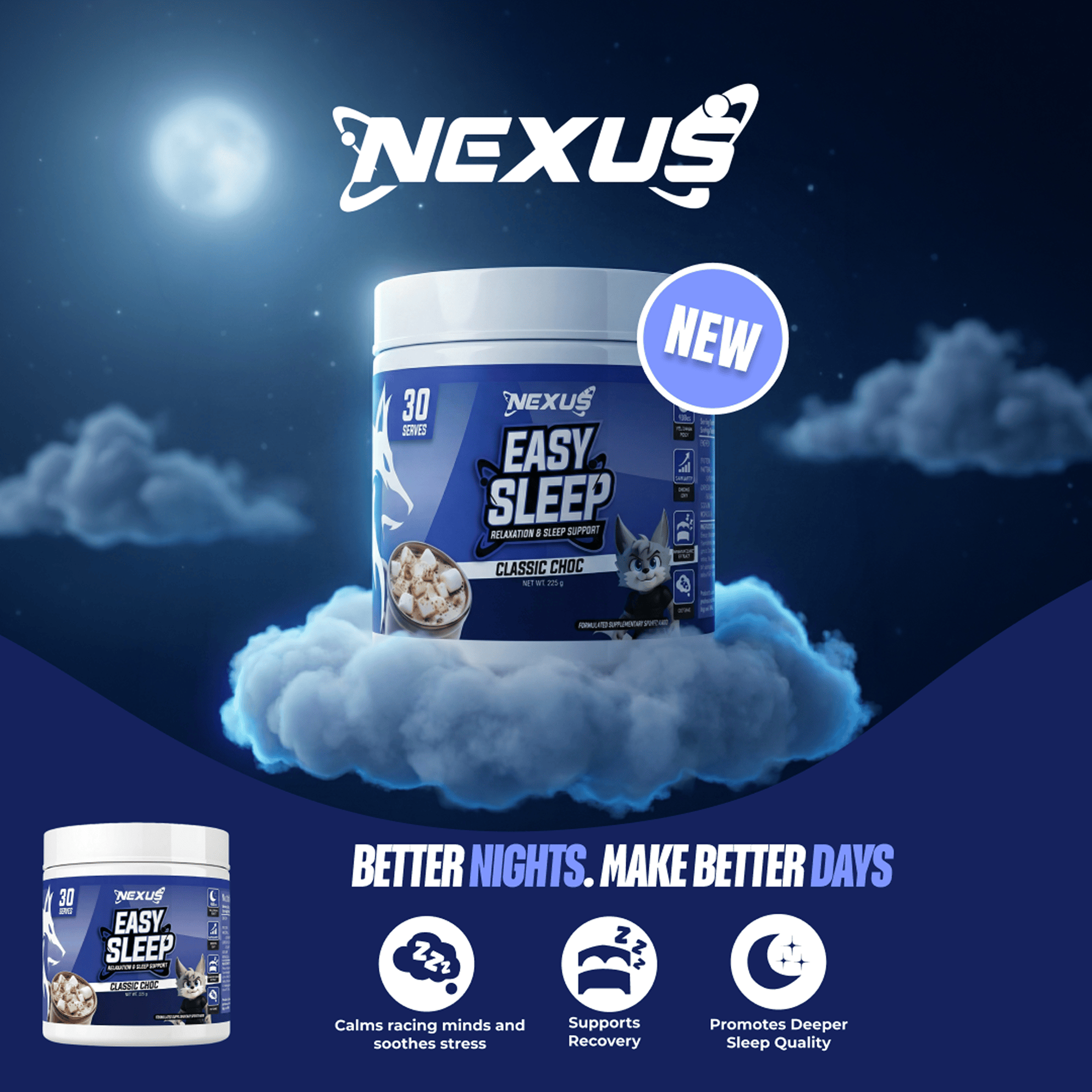 Nexus Sports Nutrition Easy Sleep essentials supplement bottle with label, featuring capsules and sleep aid ingredients.