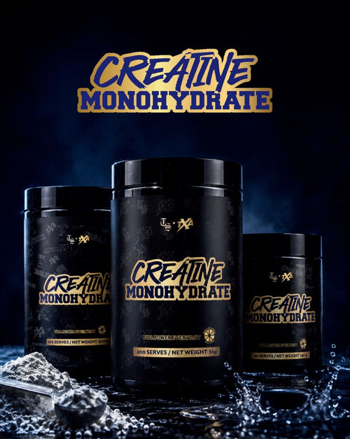 Unflavored creatine monohydrate powder in a 1kg transparent supplement container from The X Athletics.