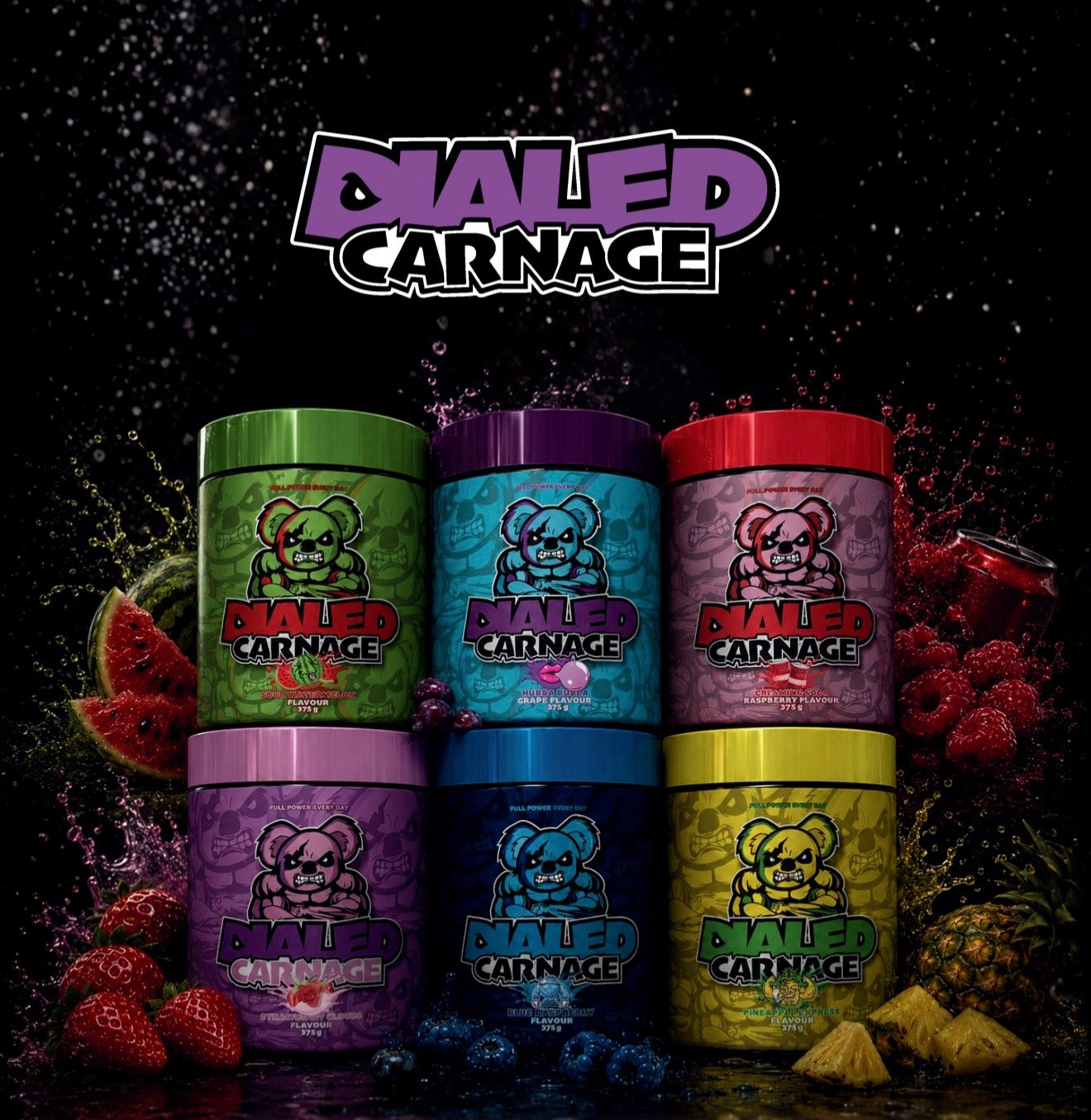 Dialed Carnage Pre Workout V2 by The X Athletics, showing the colorful supplement container with label details.