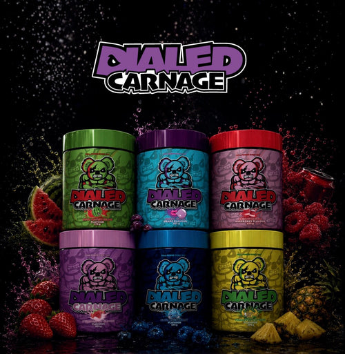 Dialed Carnage Pre Workout V2 by The X Athletics, showing the colorful supplement container with label details.