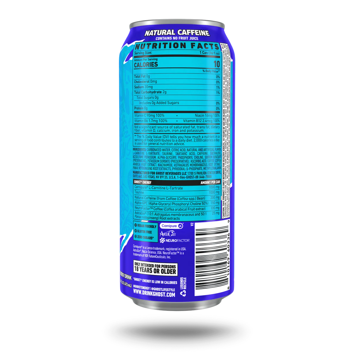 GHOST Energy can with branding, sleek design, and vibrant colors, showcasing a popular energy drink in a 16 oz can.