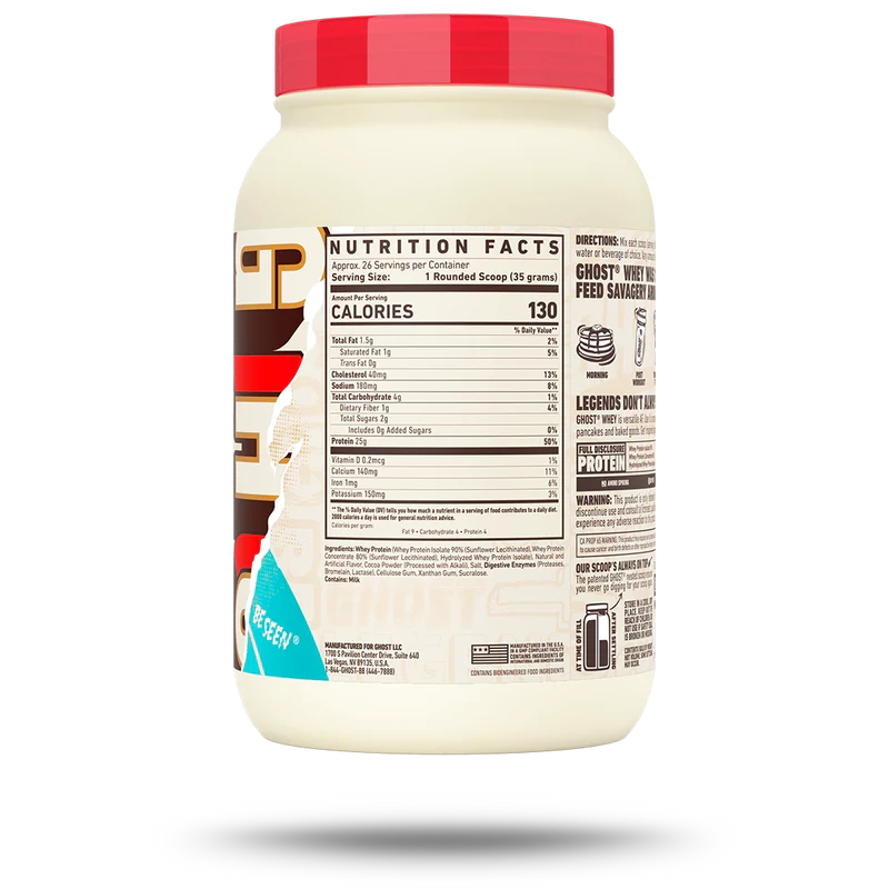 Container of GHOST WHEY protein powder by GHOST brand, showing the label and product packaging.