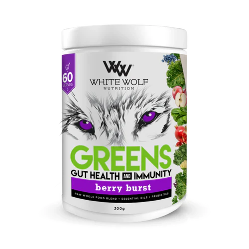 WhiteWolf Nutrition White Wolf Greens Berry Burst powder in a 300g container, showing vibrant berry flavor and fresh greens.