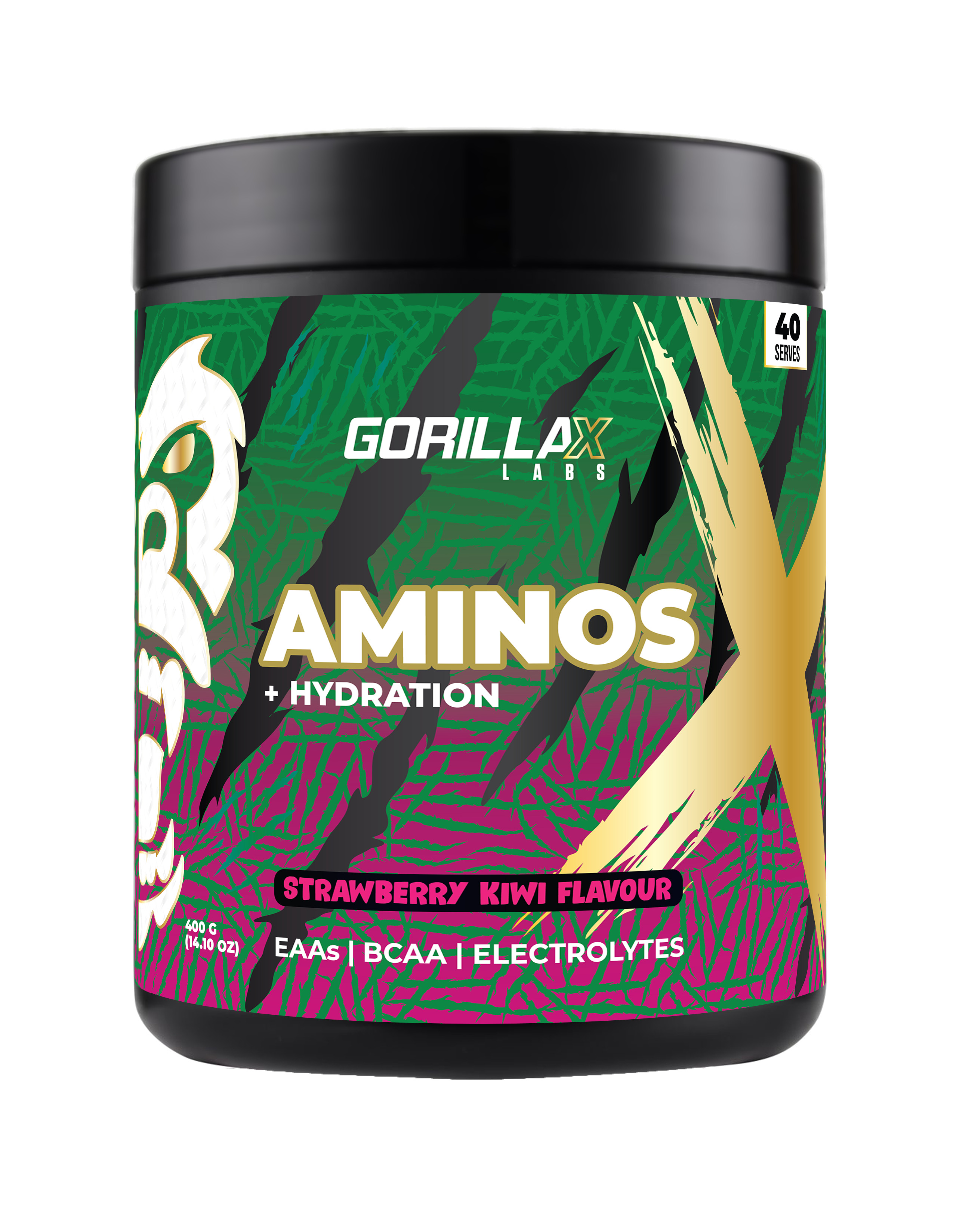 Gorilla X Labs Aminos + Hydration supplement in strawberry kiwi flavor, showing the product packaging and label.