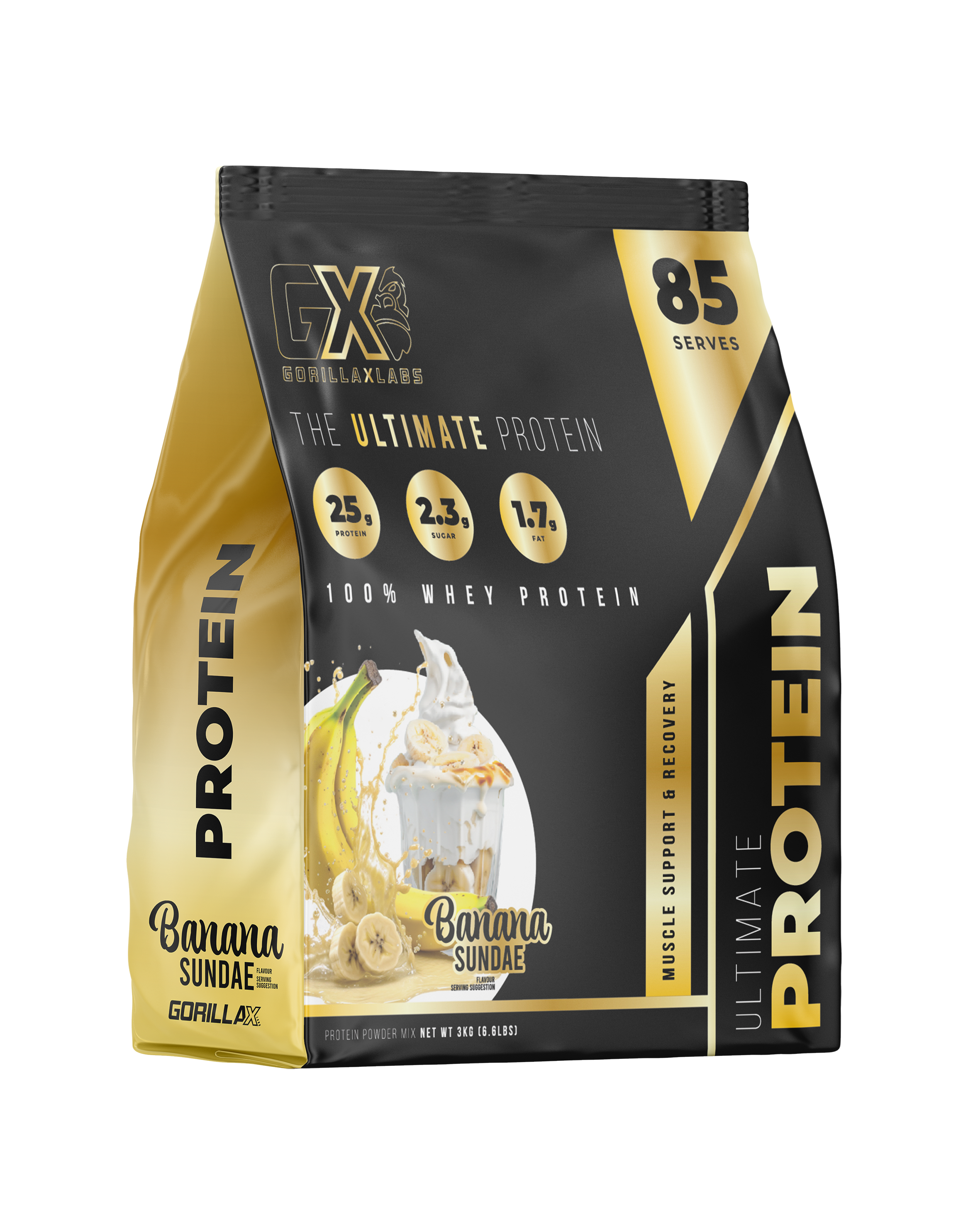 Gorilla X Labs Ultimate Protein in banana flavor, featuring a sleek container with a label and banana illustration.