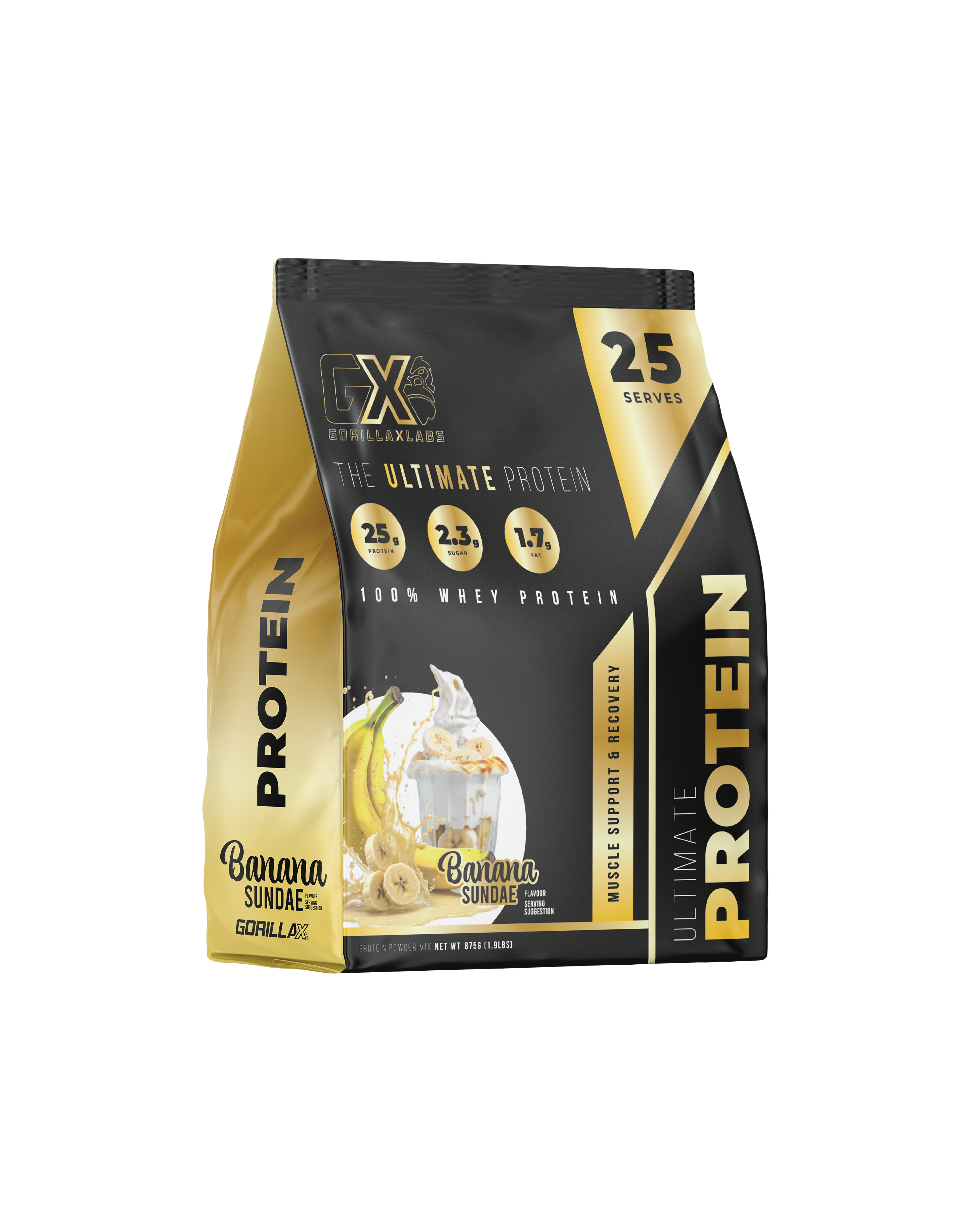 Gorilla X Labs Ultimate Protein powder container with banana flavor, showcasing the GORILLA X LABS branding and product label.