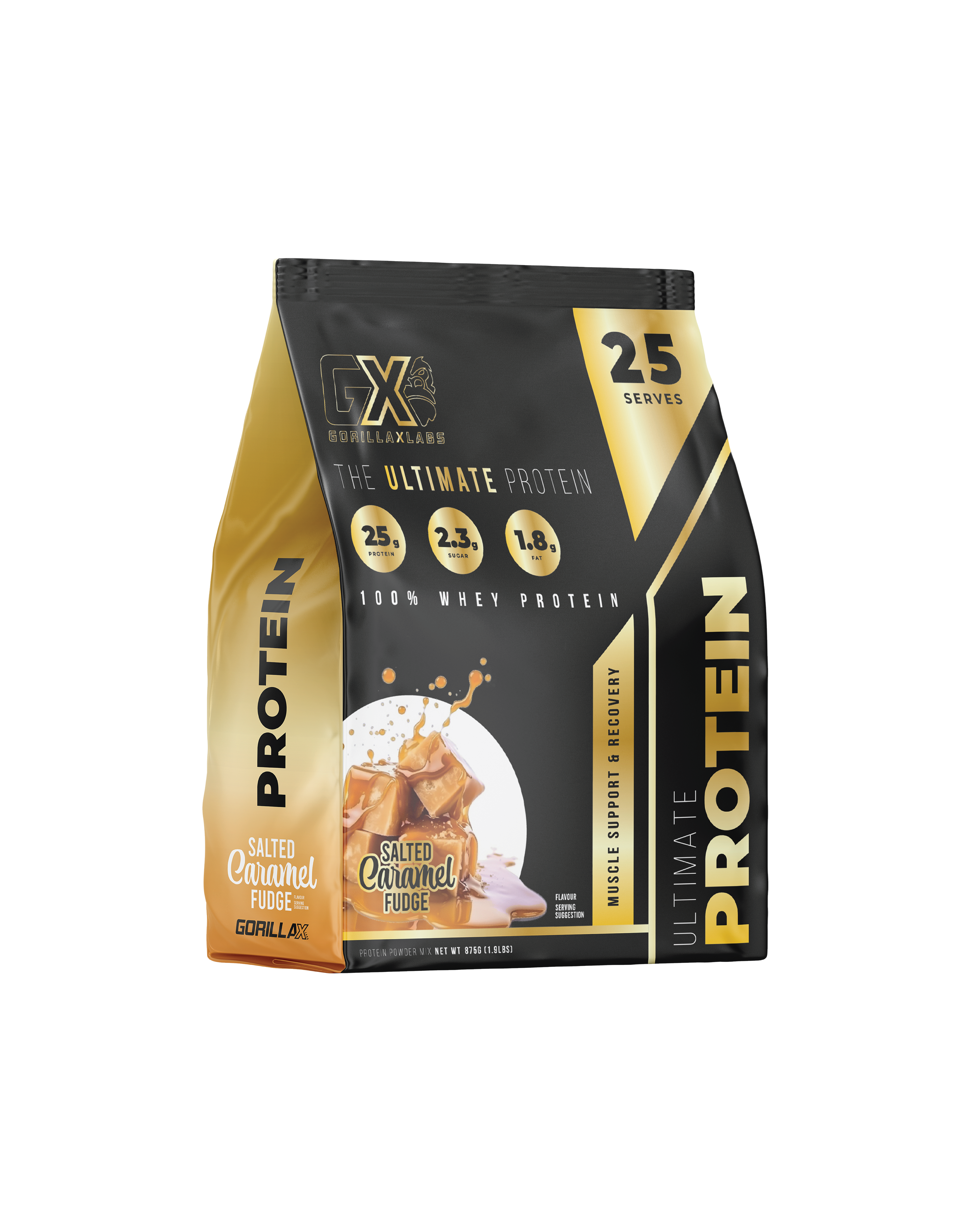 Gorilla X Labs Ultimate Protein container with caramel flavor, showcasing the product label and packaging design.