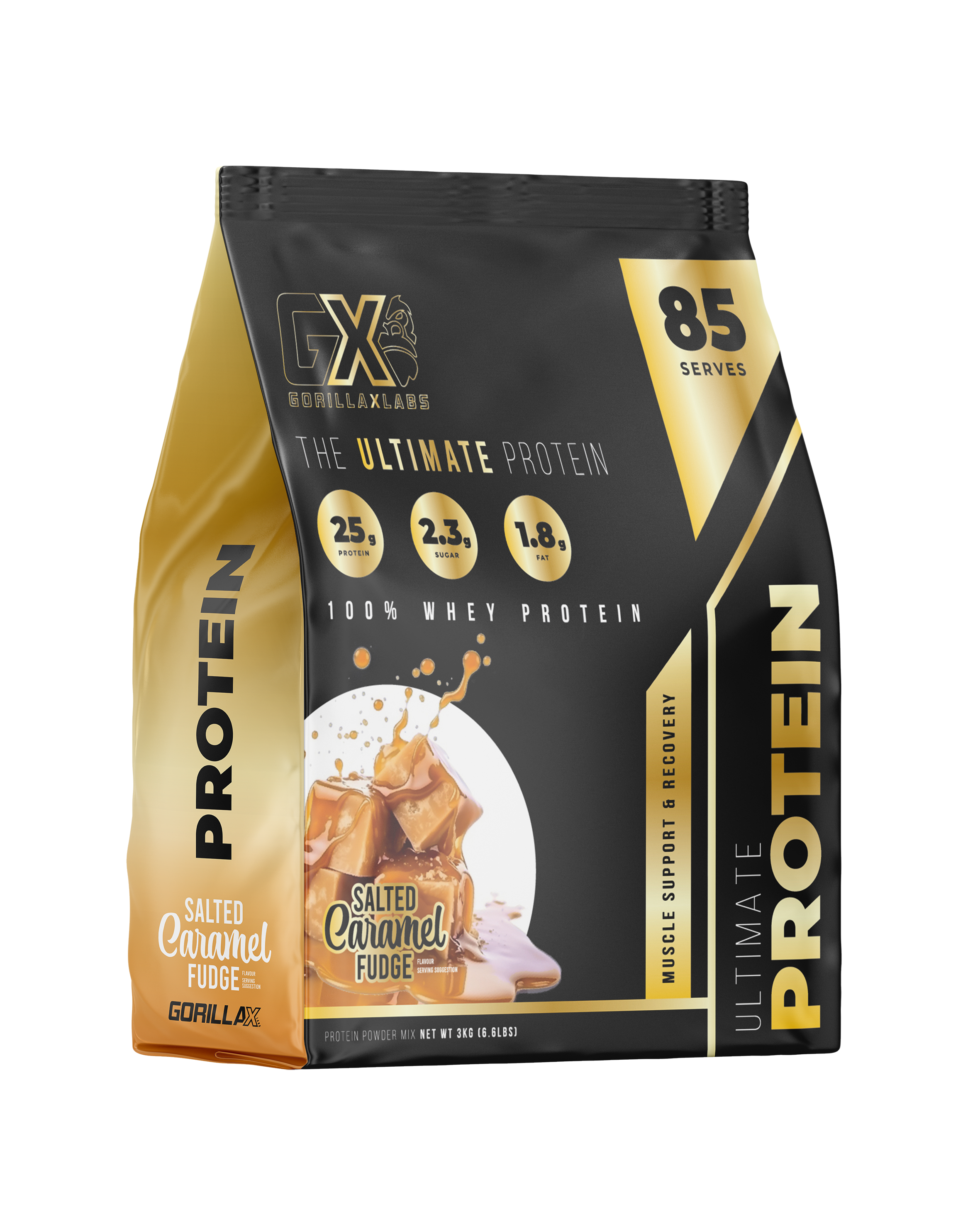 Gorilla X Labs Ultimate Protein container with caramel flavor label, showing product branding and nutritional information.