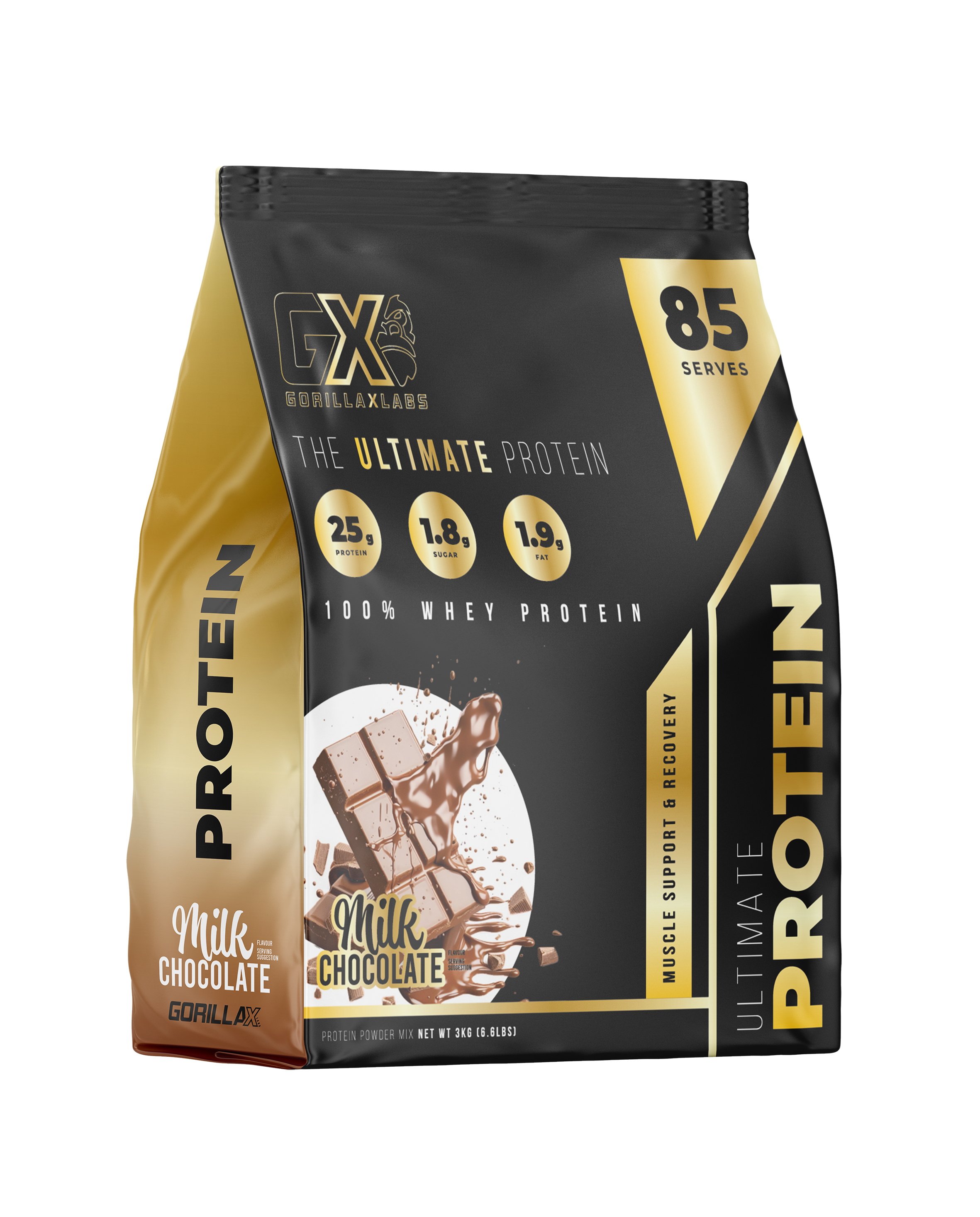 Gorilla X Labs Ultimate Protein powder tub with chocolate flavor, featuring the GORILLA X LABS branding and product label.