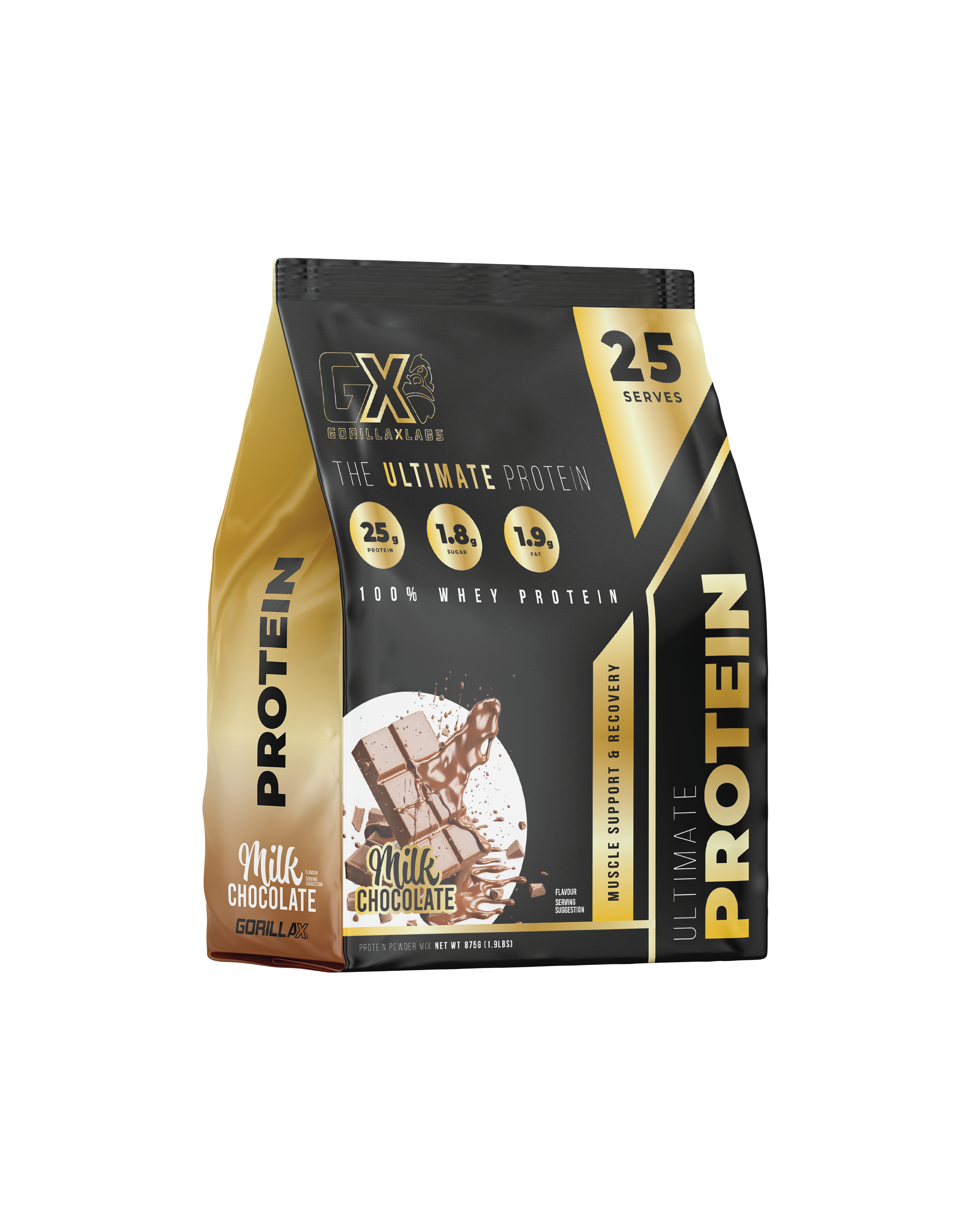 Gorilla X Labs Ultimate Protein chocolate flavor container with label and scoop, showcasing the supplement packaging.