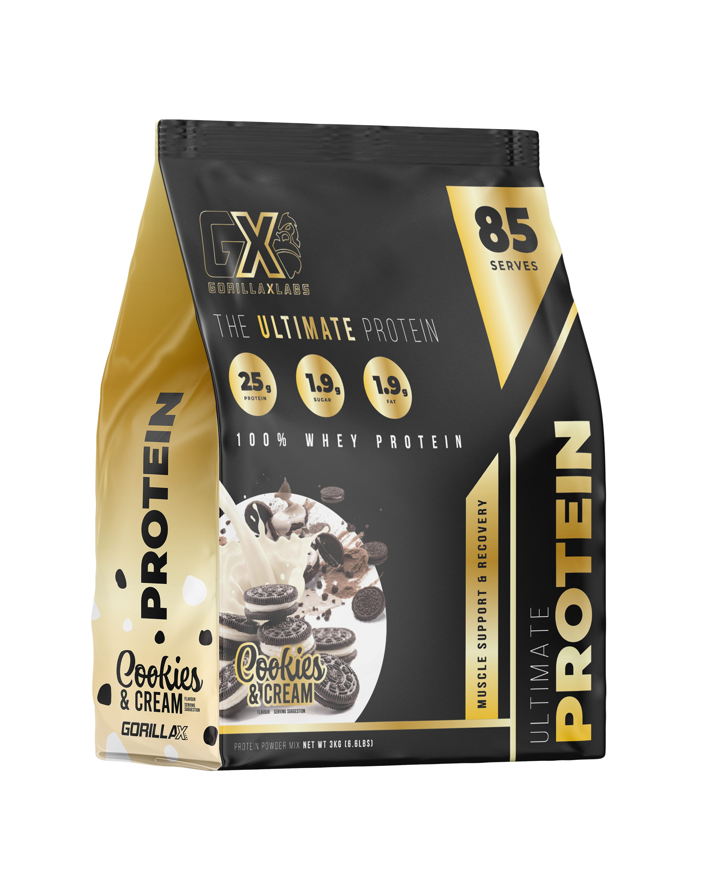 Gorilla X Labs Ultimate Protein container with cookies flavor, featuring the label and product design on the packaging.