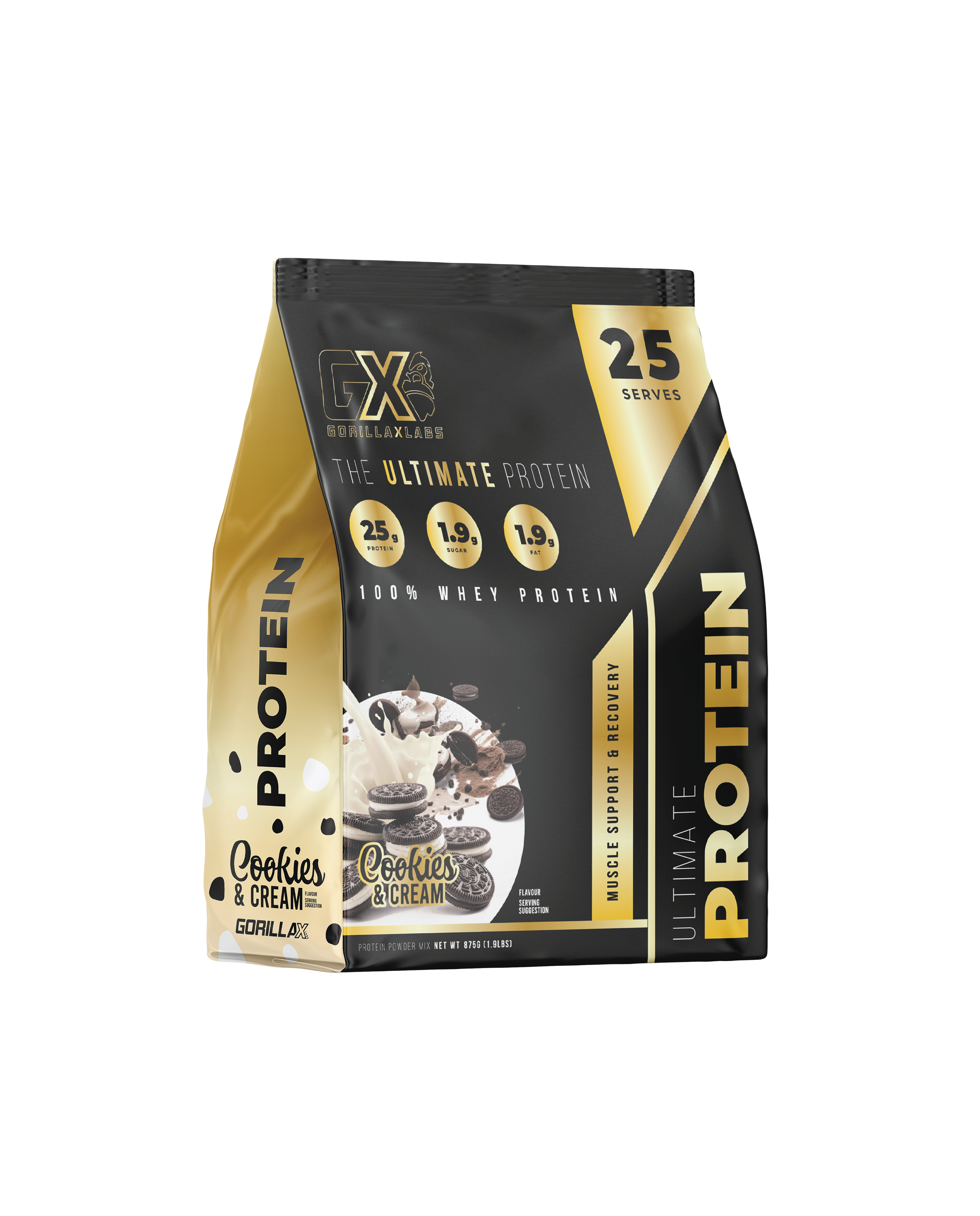 Gorilla X Labs Ultimate Protein container with a label featuring cookies, showcasing the GORILLA X LABS brand and product packaging.