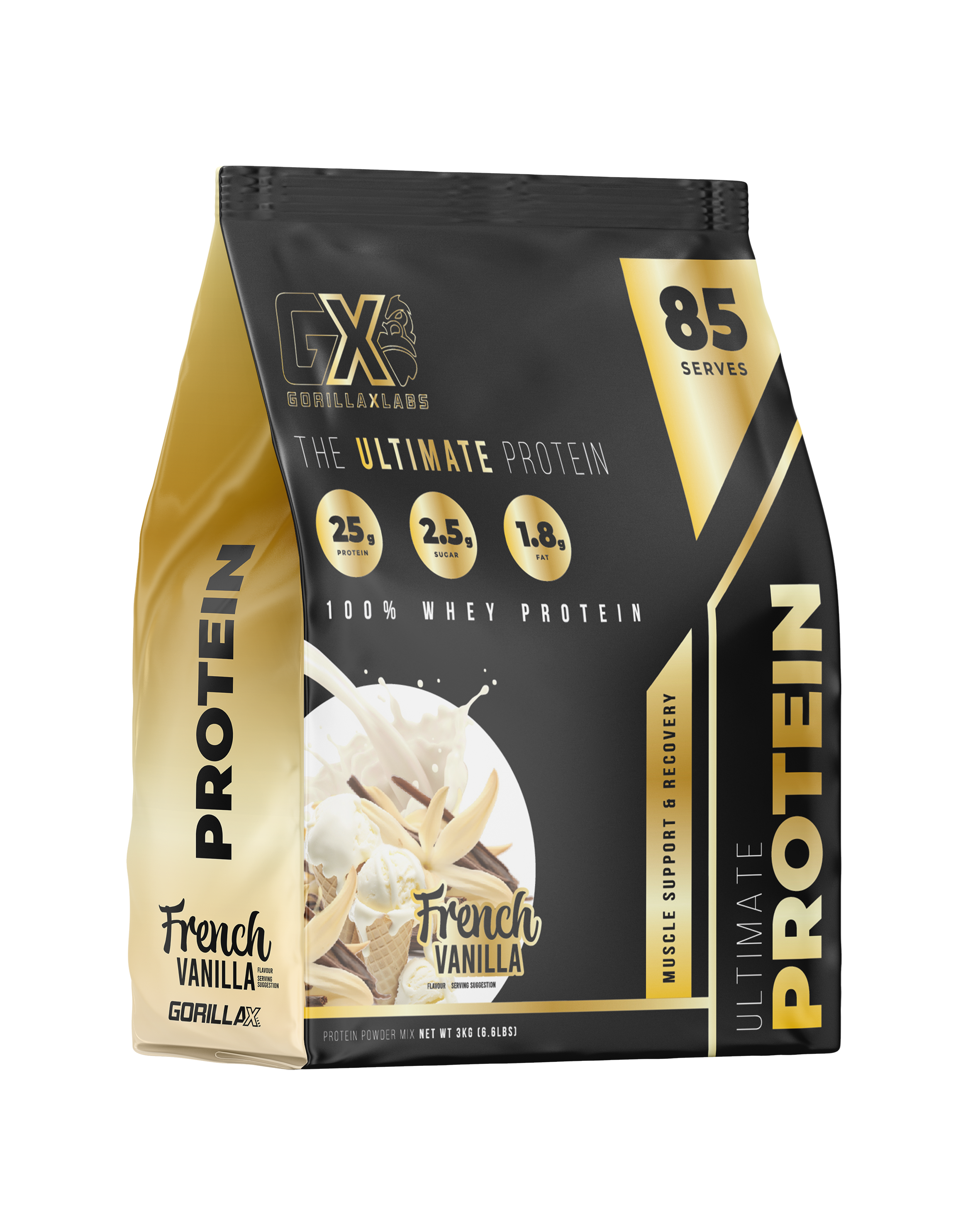 Gorilla X Labs Ultimate Protein vanilla flavor in a jar, showing the protein powder scoop and label with branding.