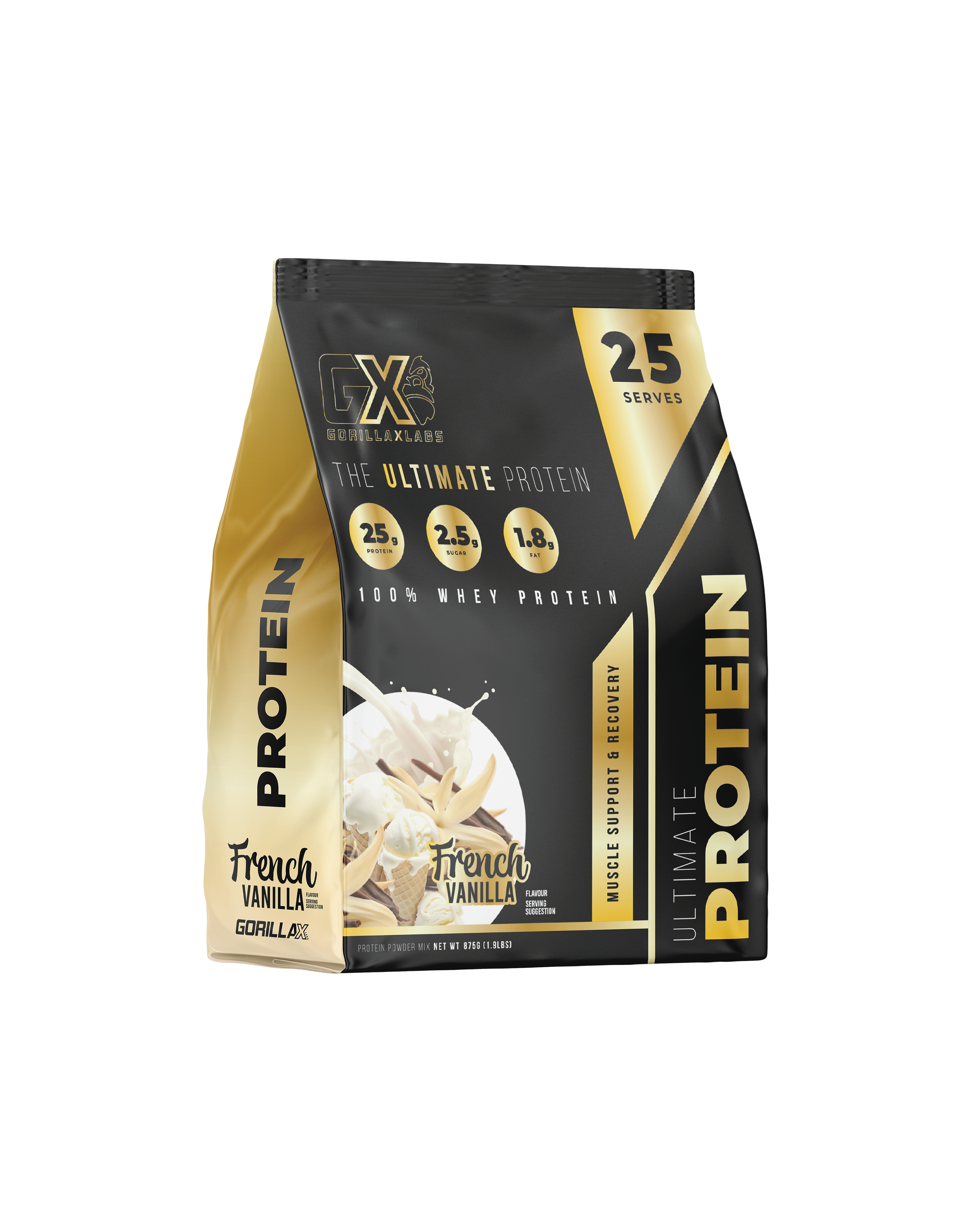 Gorilla X Labs Ultimate Protein vanilla flavor in a sleek container, designed for muscle recovery and dietary support.