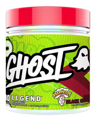 GHOST Legend V4 Sour Black Cherry flavor dietary supplement in black cherry flavor, 30 servings, in black and red packaging.