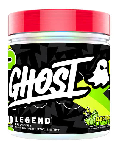 GHOST Legend V4 electrolyte supplement in Electric Limeade flavor, showing the vibrant powder package with branding and flavor details.