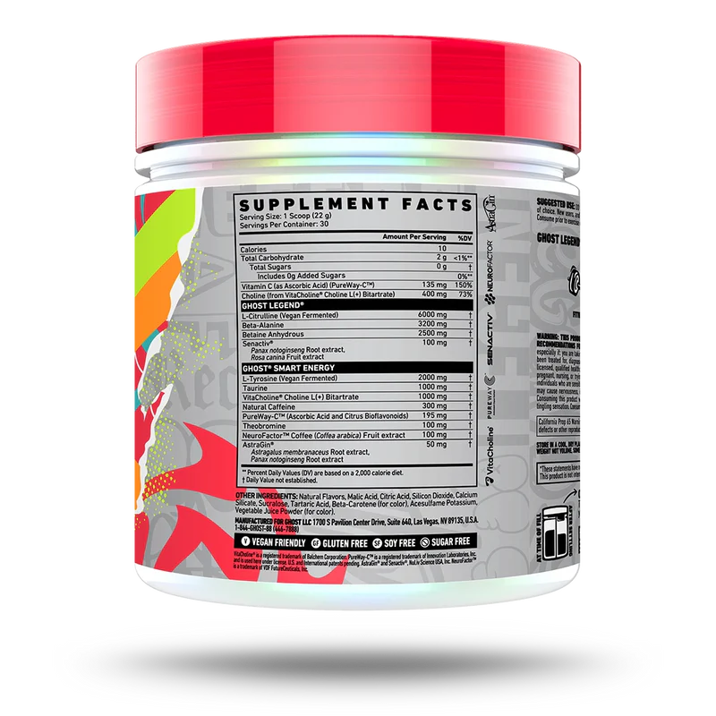 GHOST Legend V4 protein powder container with label featuring black and red design, displayed on a white background.