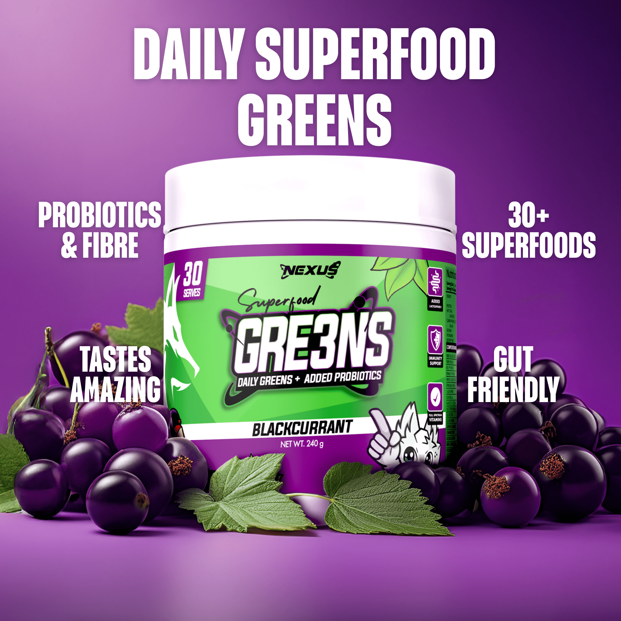 Nexus Nutrition Superfood Greens powder with blackcurrant flavor in a resealable container, showcasing fresh greens and blackcurrants.