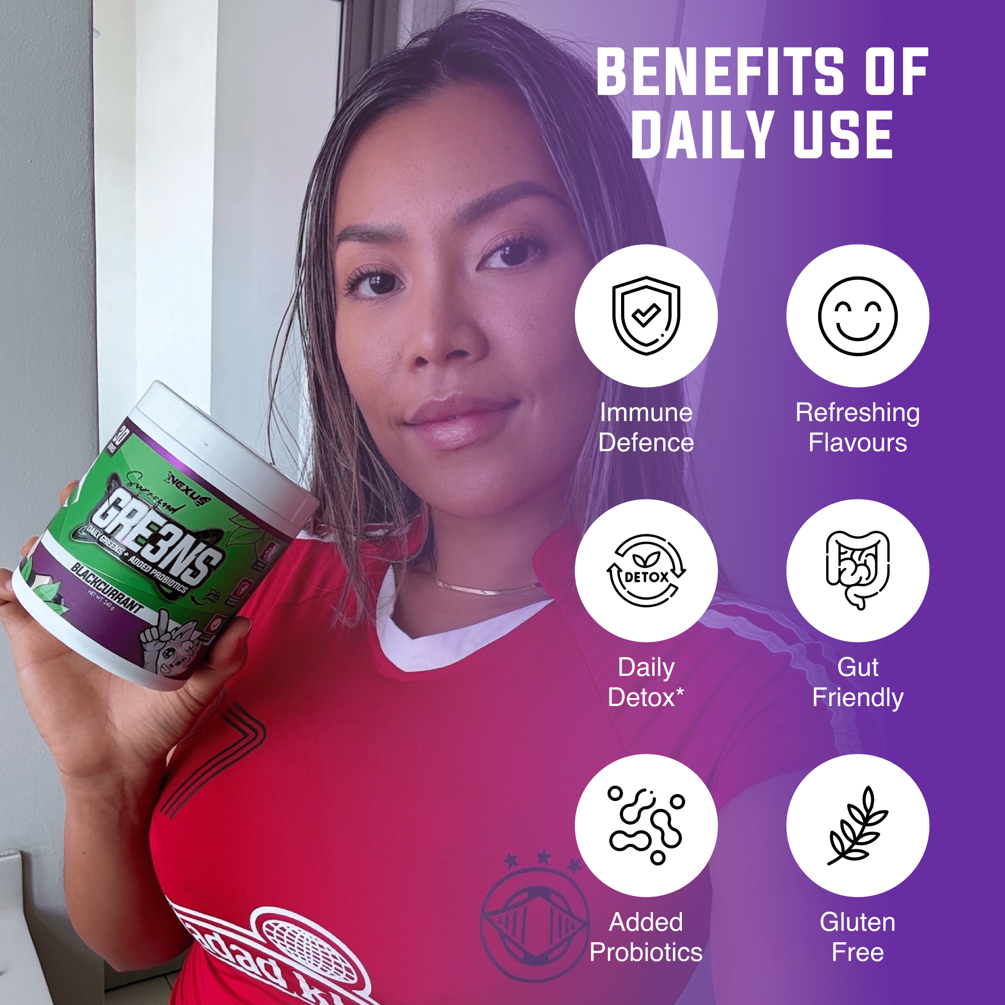 Nexus Nutrition Superfood Greens powder with blackcurrant flavor in a jar, showcasing vibrant green powder and blackcurrant fruit.