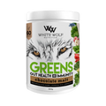 WhiteWolf Nutrition Greens Choc Malt powder in 300g container, showing the product packaging with green and brown design elements.