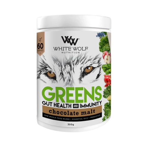 WhiteWolf Nutrition Greens Choc Malt powder in 300g container, showing the product packaging with green and brown design elements.