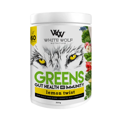 WhiteWolf Nutrition White Wolf Greens Lemon Twist superfood powder in 300g container with vibrant green and lemon flavor accents.