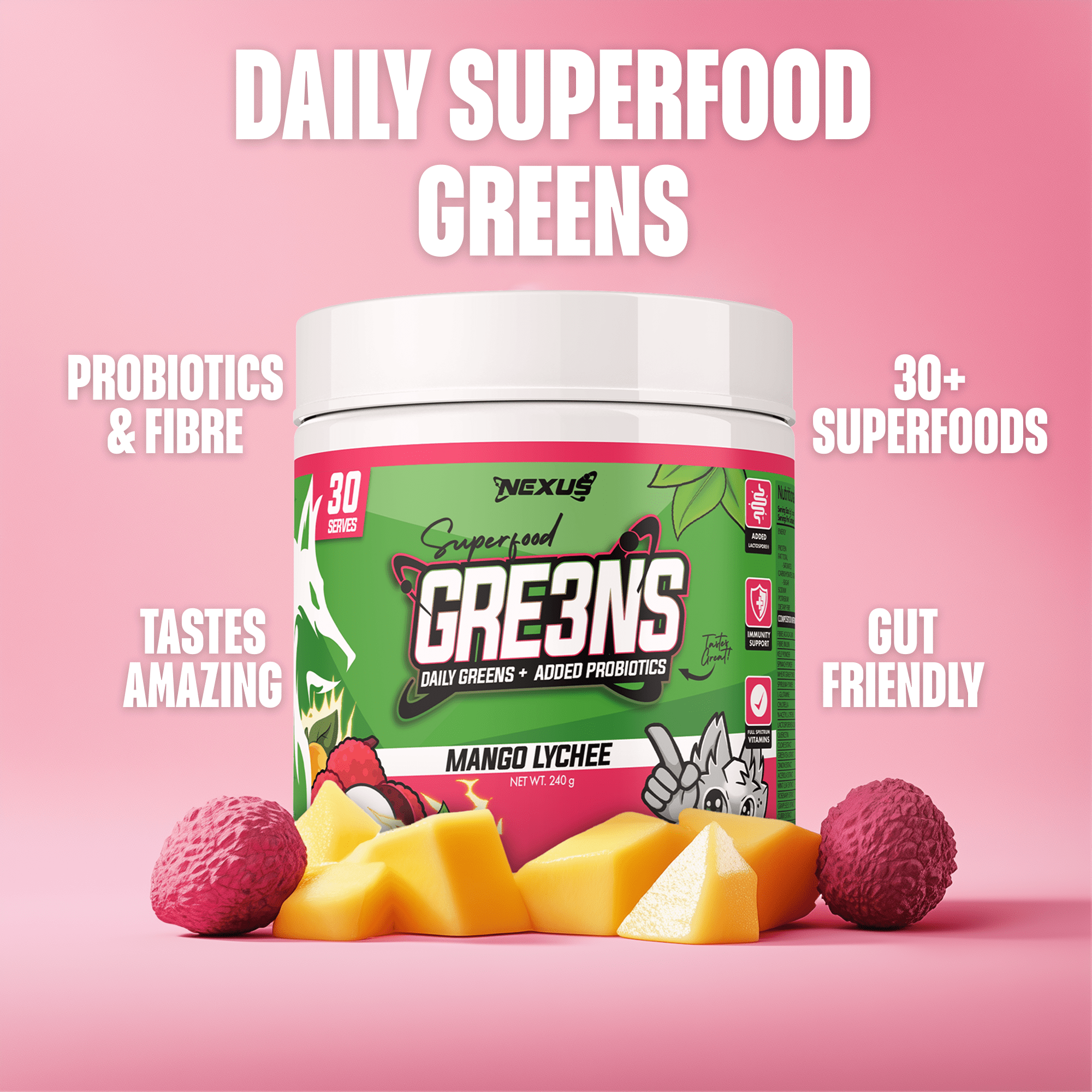 Nexus Nutrition Superfood Greens powder in mango lychee flavor, vibrant green blend with fresh fruit pieces and packaging.
