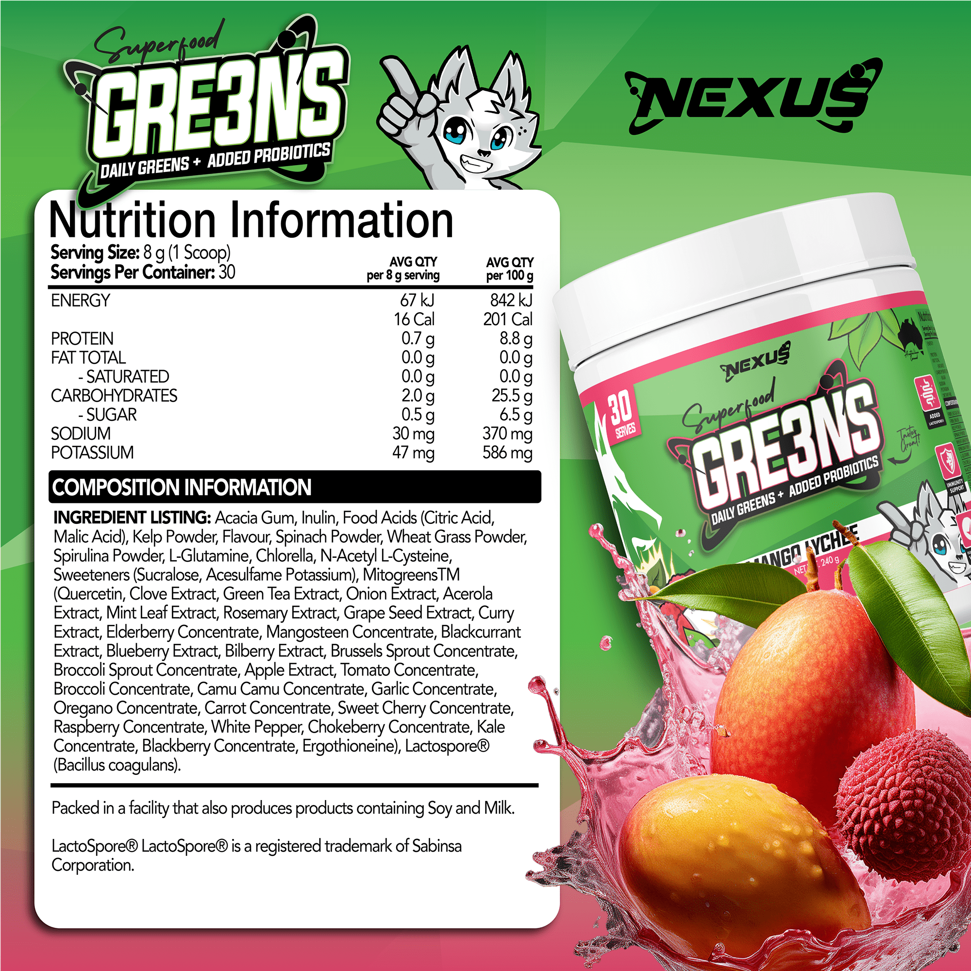 Nexus Nutrition Superfood Greens powder in mango and lychee flavor, vibrant green powder in a jar with fresh fruit and greens.