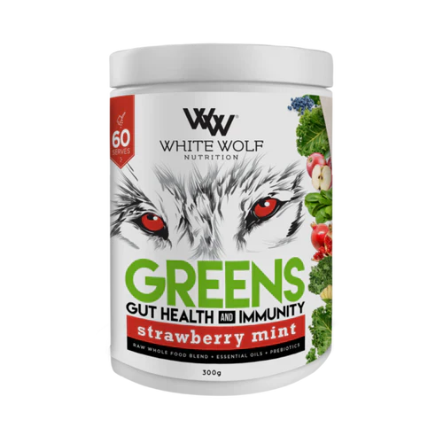 WhiteWolf Greens Strawberry Kiwi nutritional supplement powder by WhiteWolf Nutrition in a 300g container with fresh fruit flavor.