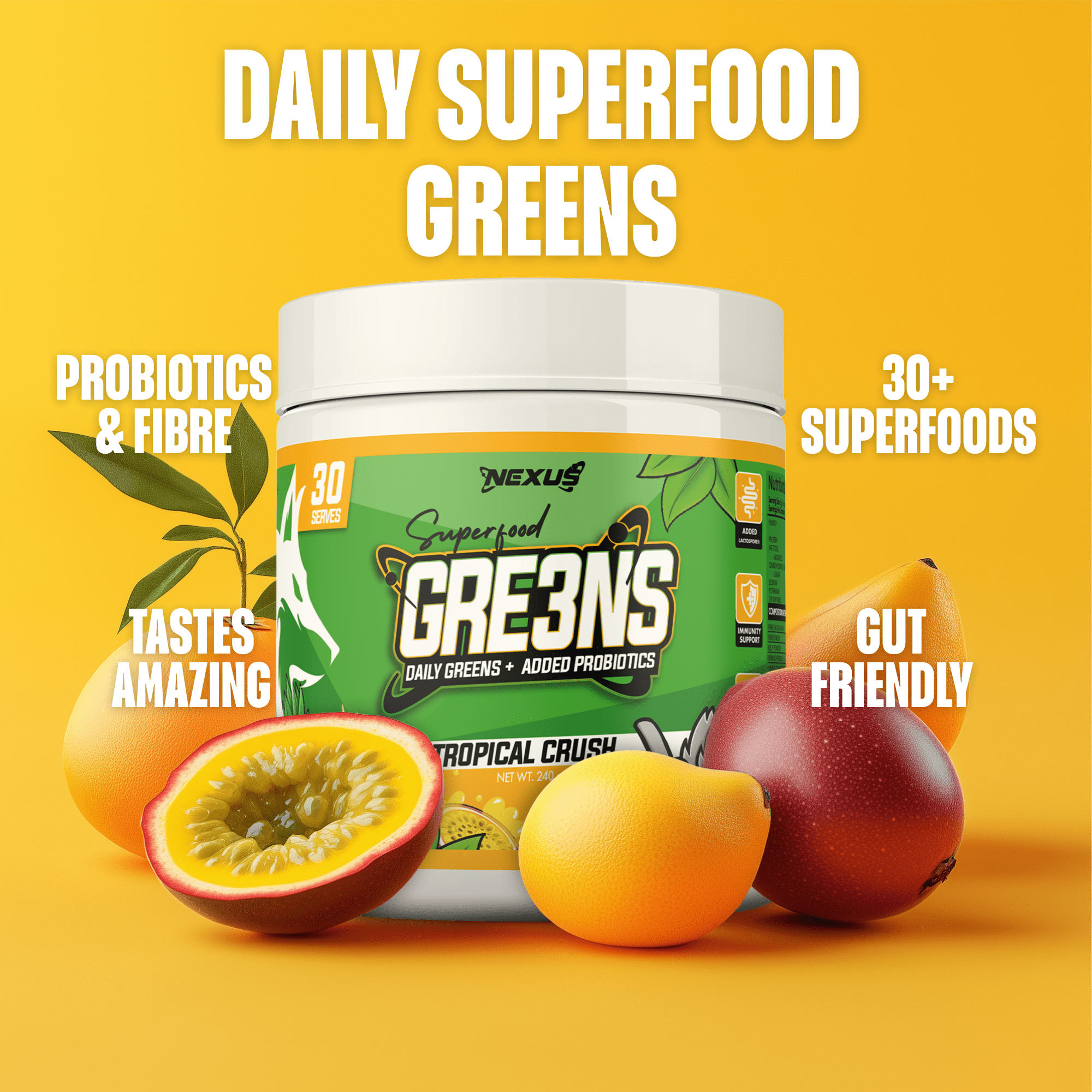 Nexus Nutrition Superfood Greens in Tropical Crush flavor, vibrant green powder with tropical fruit mix in a resealable container.