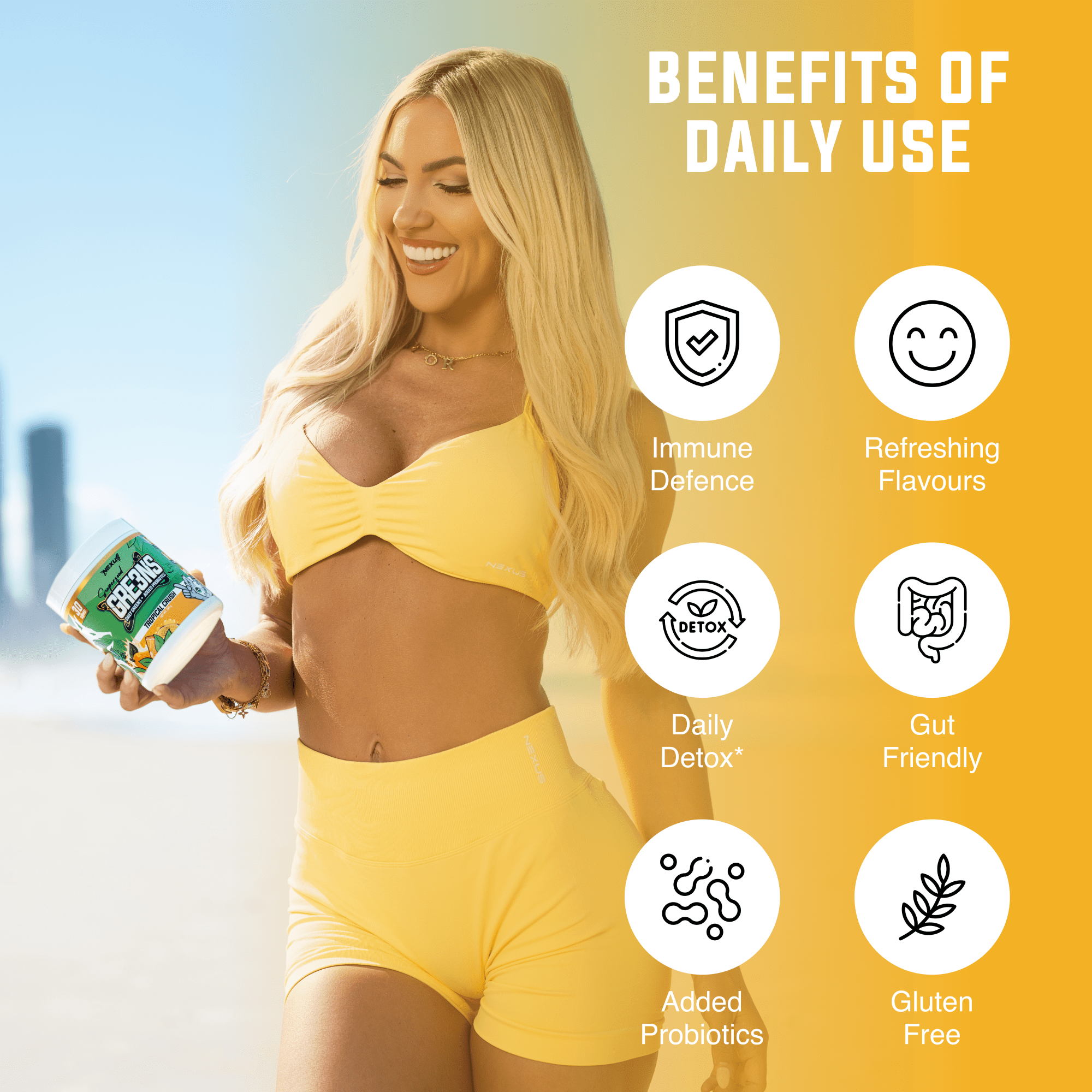 Nexus Nutrition Superfood Greens in Tropical Crush flavor, vibrant green powder with tropical fruit mix in a jar.