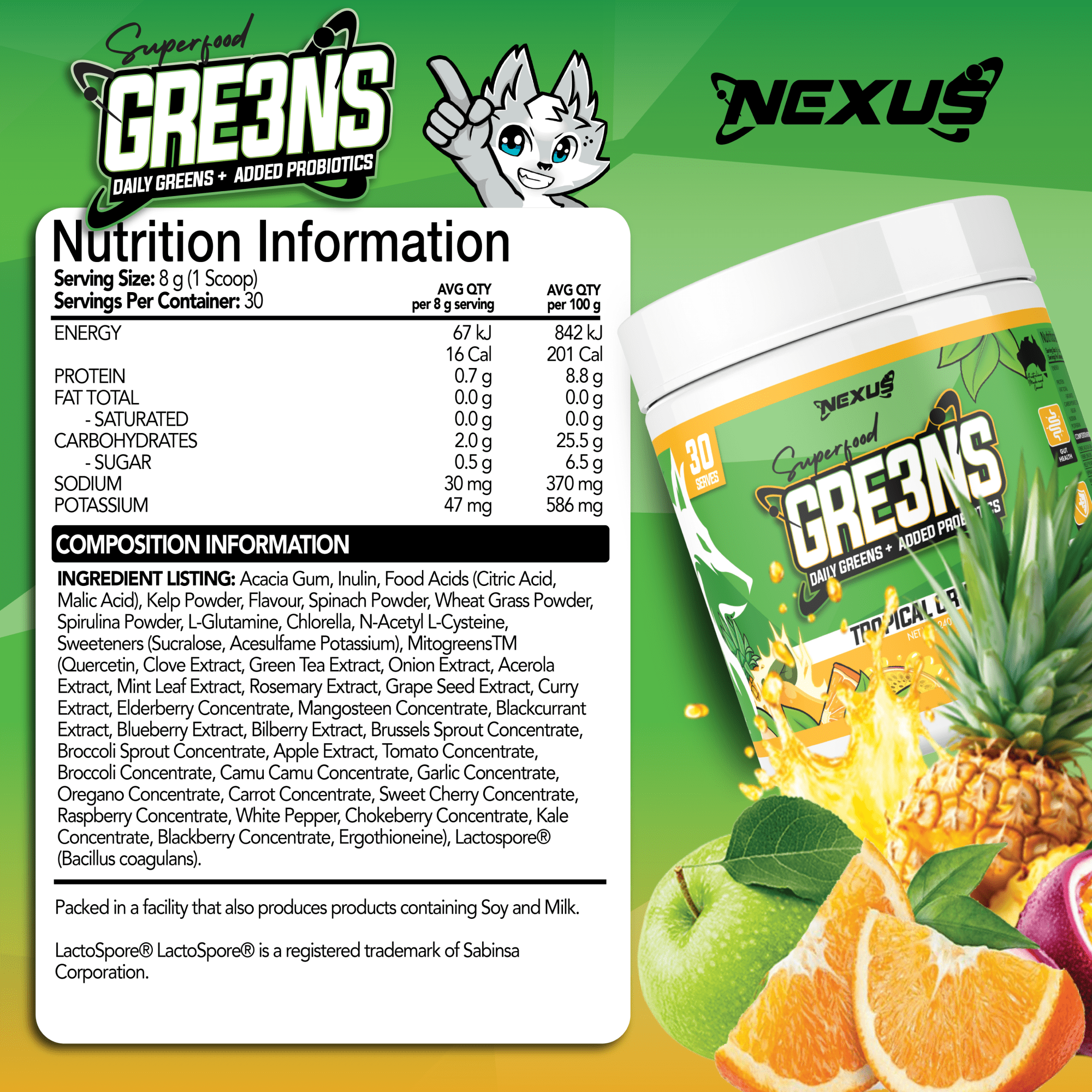 Nexus Nutrition Superfood Greens in Tropical Crush flavor, featuring vibrant green powder and tropical fruit blend.