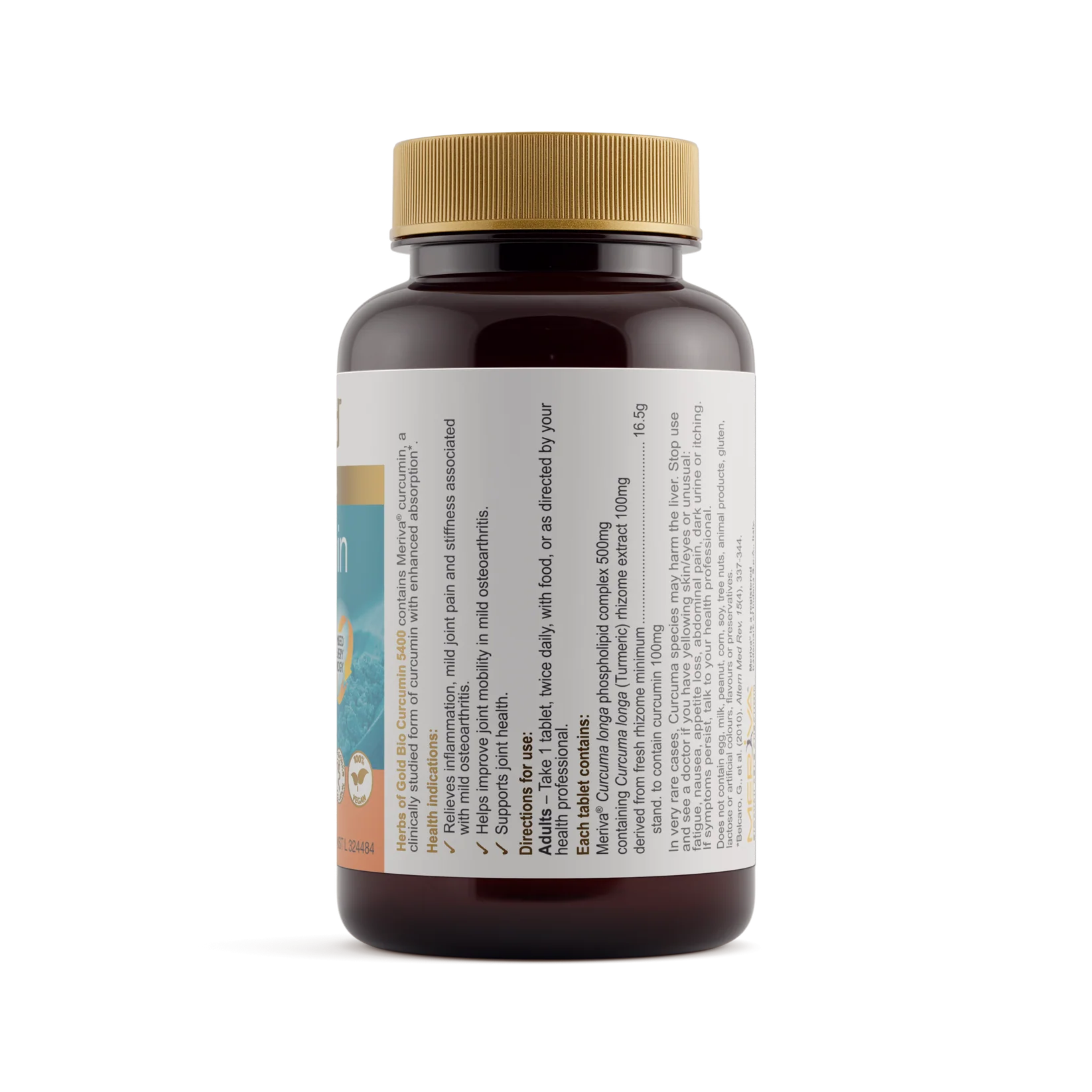 Herbs of Gold Bio Curcumin 5400 supplement bottle with label displaying turmeric root imagery and product details.