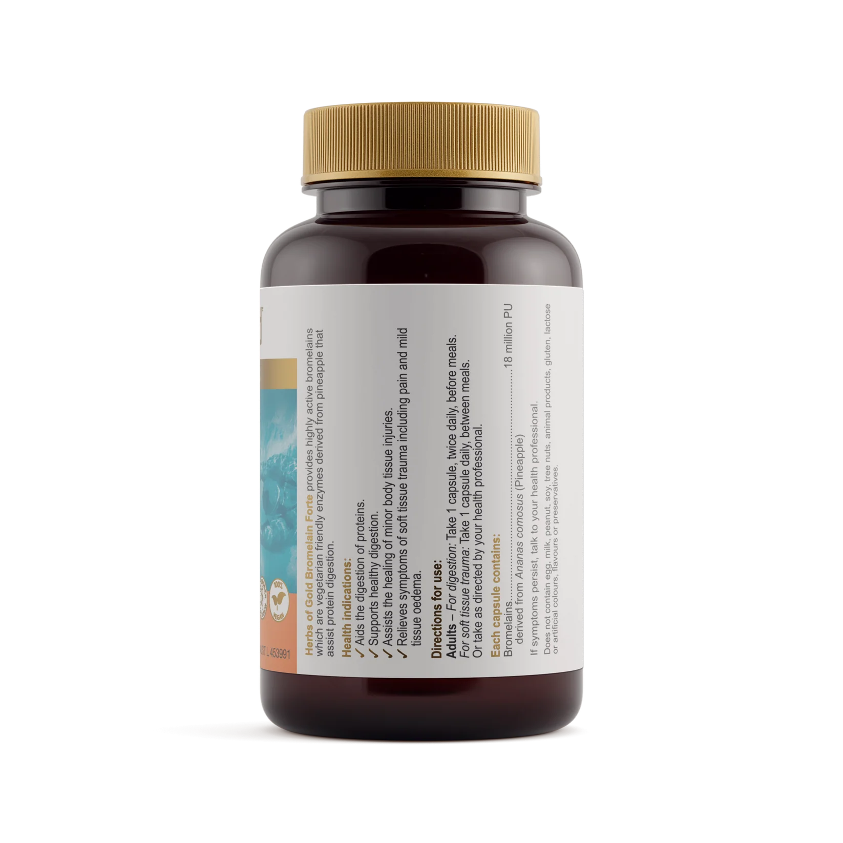 Herbs of Gold Bromelain Forte supplement bottle with label, featuring natural herbal remedy for inflammation and digestion support.
