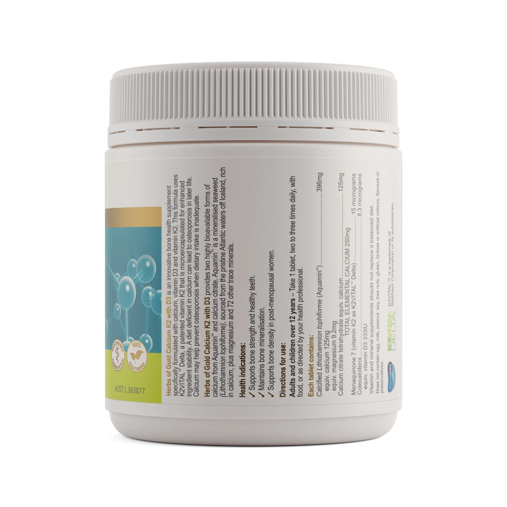 Herbs of Gold Calcium K2 with D3 supplement bottle showing label with product name and nutritional information.