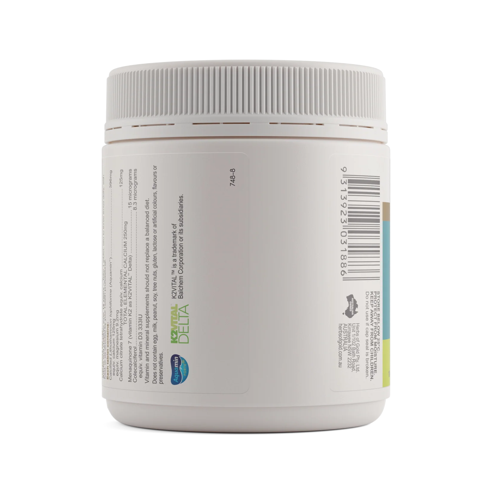 Herbs of Gold Calcium K2 with D3 supplement bottle, showing label and cap, used for bone health and calcium absorption.