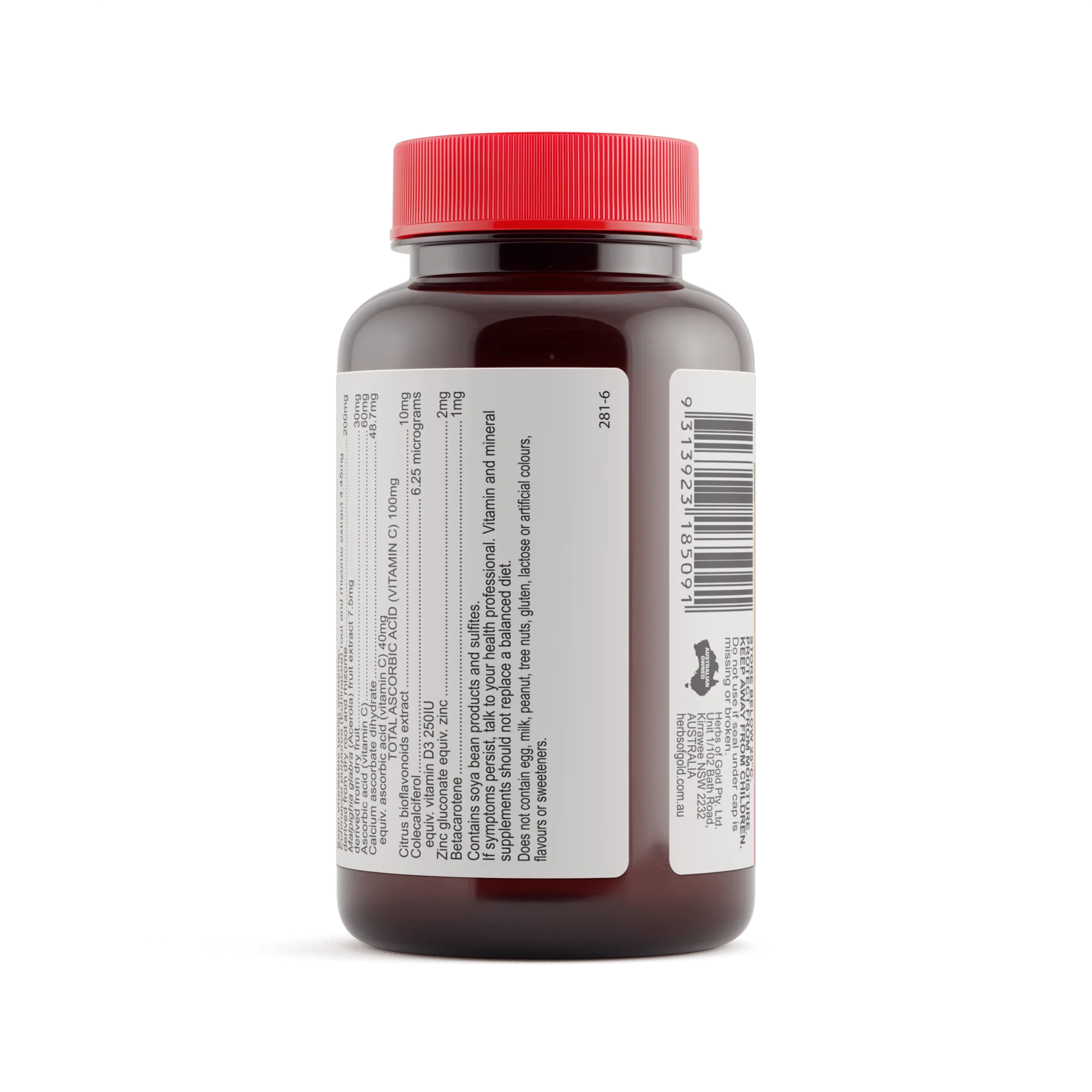 Herbs of Gold Children's Immune Care supplement bottle with label, featuring herbal ingredients and child-friendly packaging.